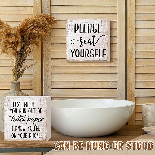 Miniatura 2 de Jetec 2 piezas de letreros de baño de granja, decoración de caja de madera, divertido arte de pared de baño, placa de madera rústica, decoración