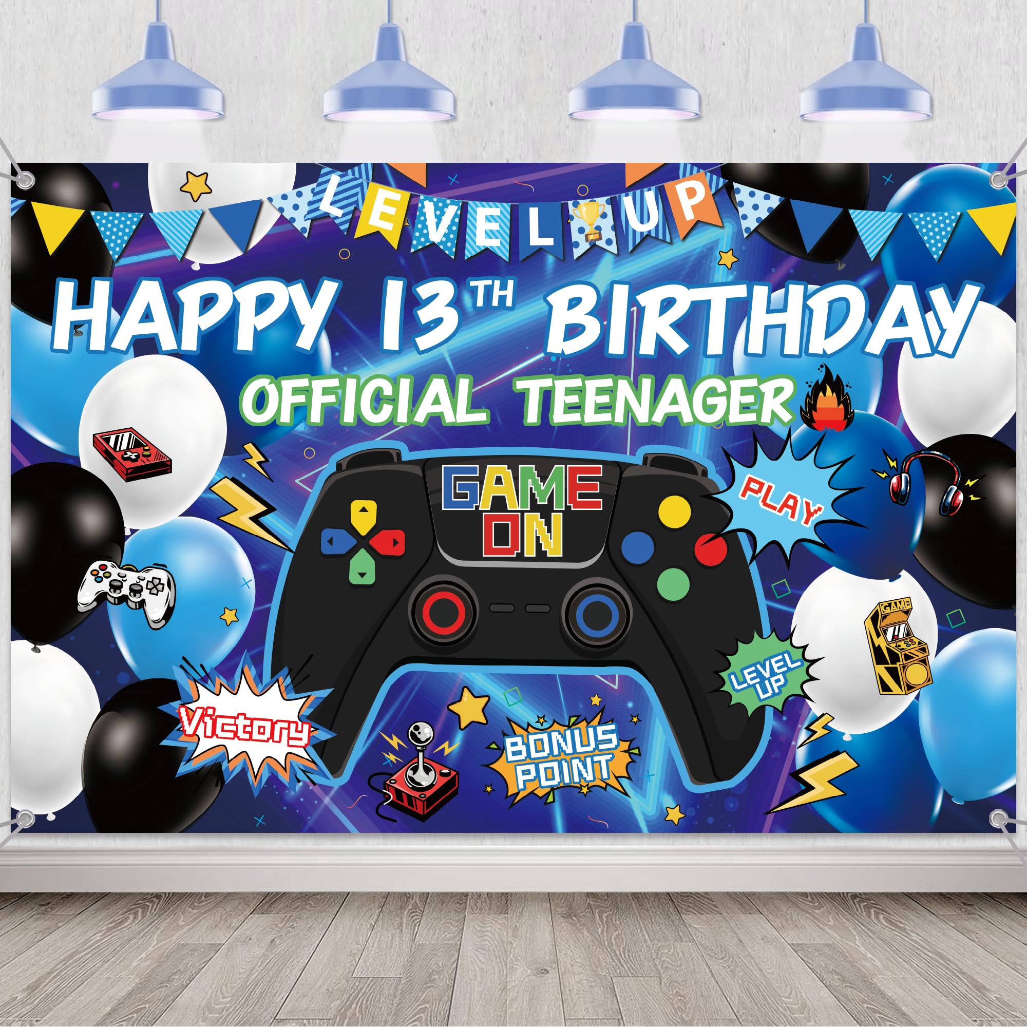 13th Birthday Party Decoration Banner - Blue Video Game Decorations Backdrop Boy Girl, Official Teenager Birthday Background for Game Theme 13 Years Old Party Supplies