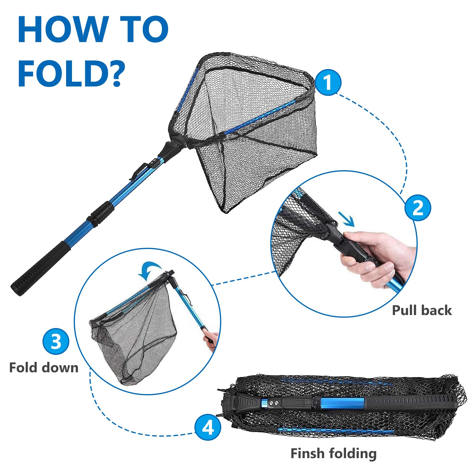 Fishing Kescher Angeln, Kescher Teich, Angelkescher, 2 Sektionen Teleskop, 90cm, Faltbares, für Kajak, Salmon, Catfish, Einfach Zu Fangen Und Freizugeben