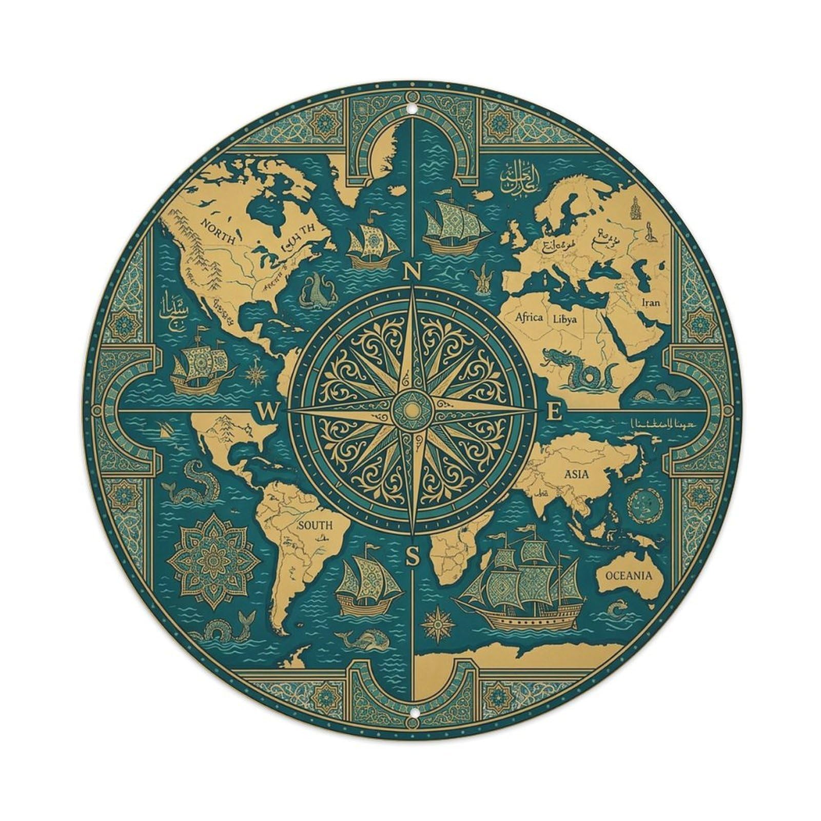 Vintage Nautical Compass World Map Geographic Atlas Metal Tin Sign
