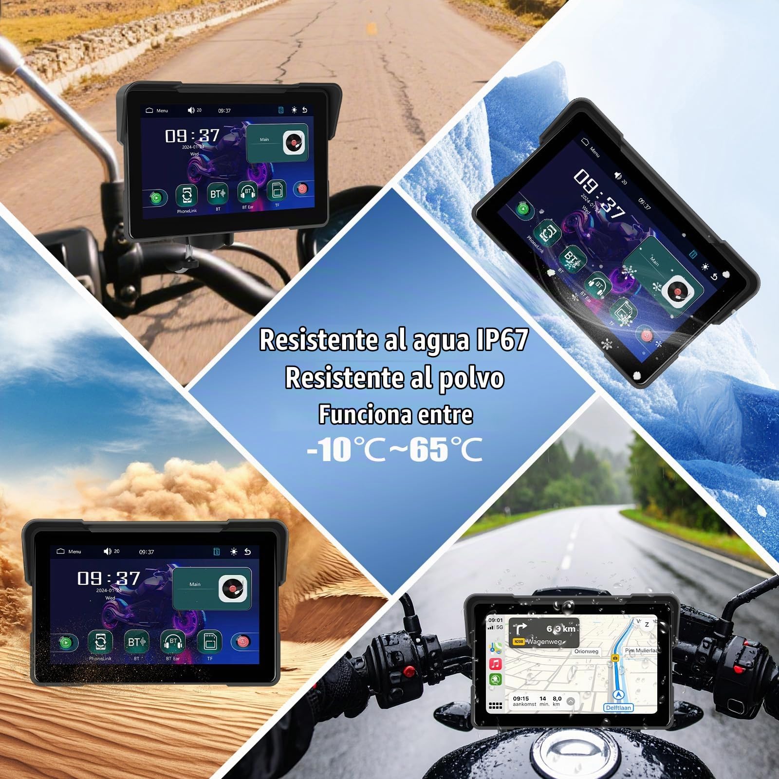 SIXWIN Pantalla Carplay Moto con inalámbrico Carplay Android Auto, 7 Pulgadas con IPx7 Impermeable Táctil Pantalla, Bluetooth, Navegación GPS, Siri y Asistente de G00gle