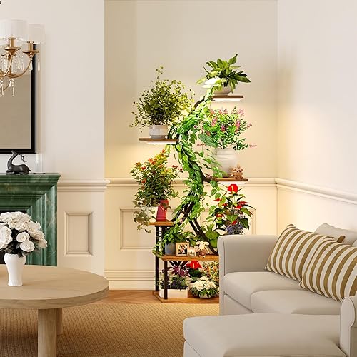 Miniatura 6 de Estantes negros para plantas con luces de cultivo soporte moderno de 7 niveles y 65 pulgadas de alto para esquinas interiores, exhibición de sala de