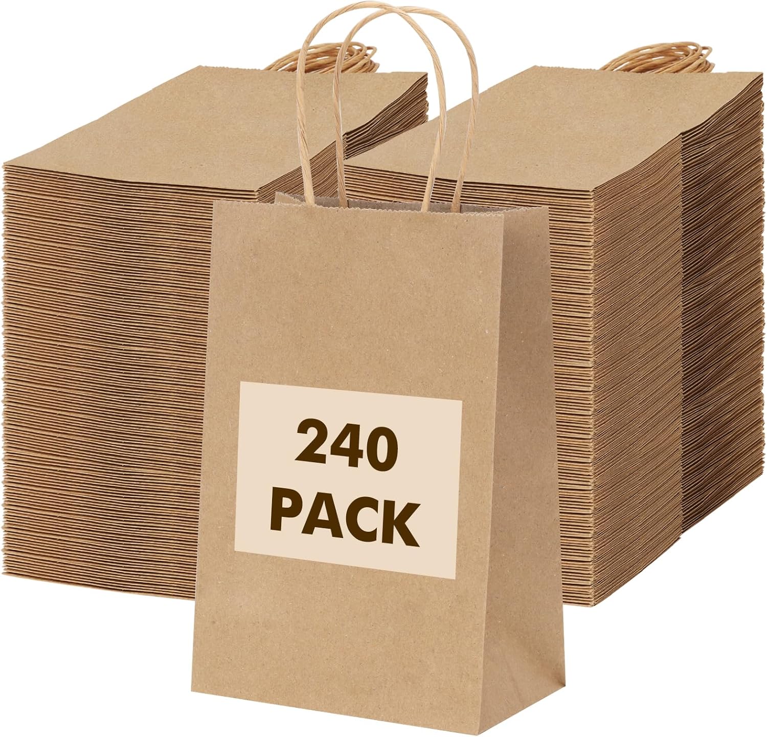 OUTUXED 240pcs Small Paper Bags with Handles, 5.25x3.2x8 Inches Brown Kraft Gift Bags Bulk for Christmas, Shopping, Birthday, Wedding and Business Party