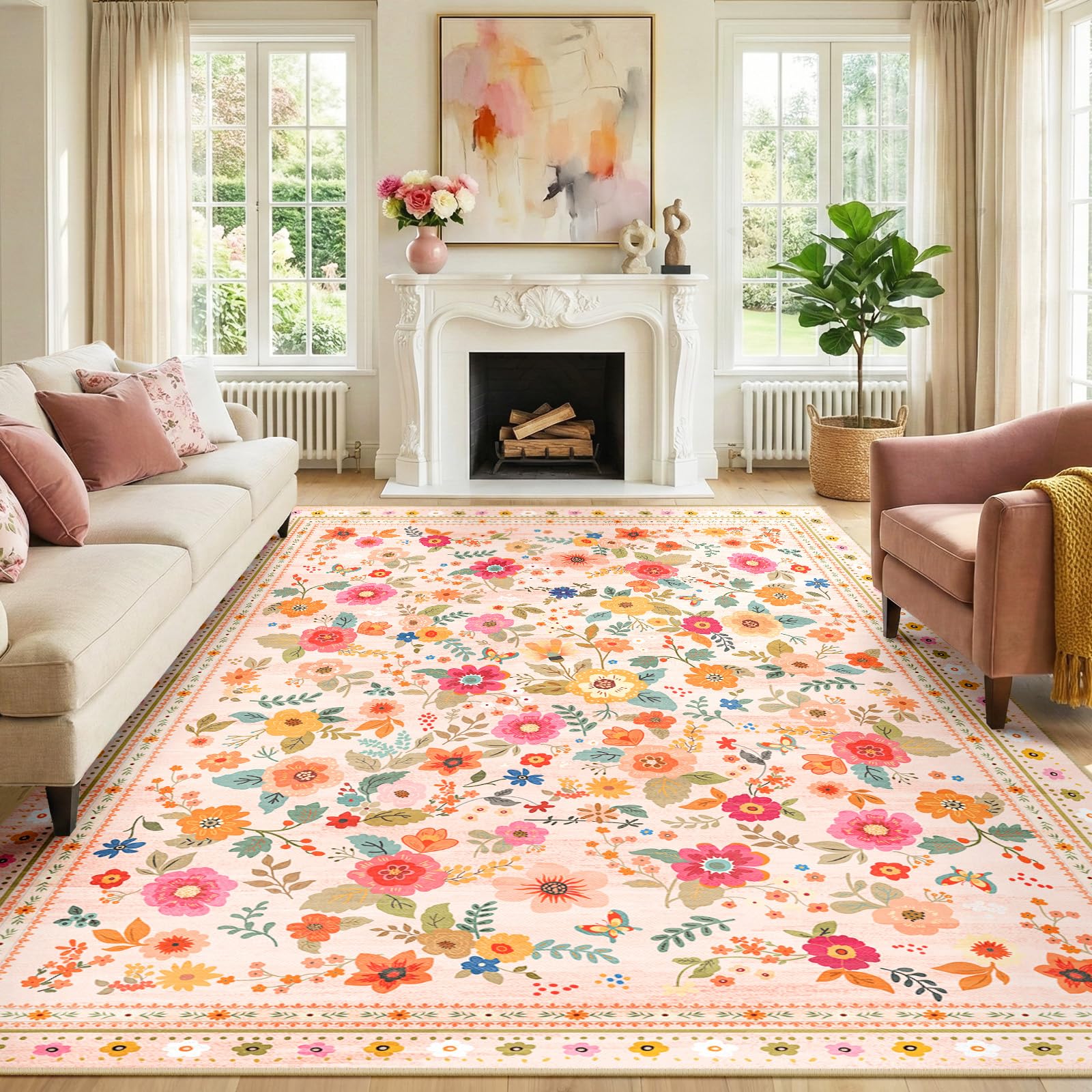 INOVADAY Machine Washable Rug 240x300 cm Non-Slip Low Pile Floral Print Area Rug for Living Room Bedroom Dining Room Bedside Kitchen Lounge Pink/Beige