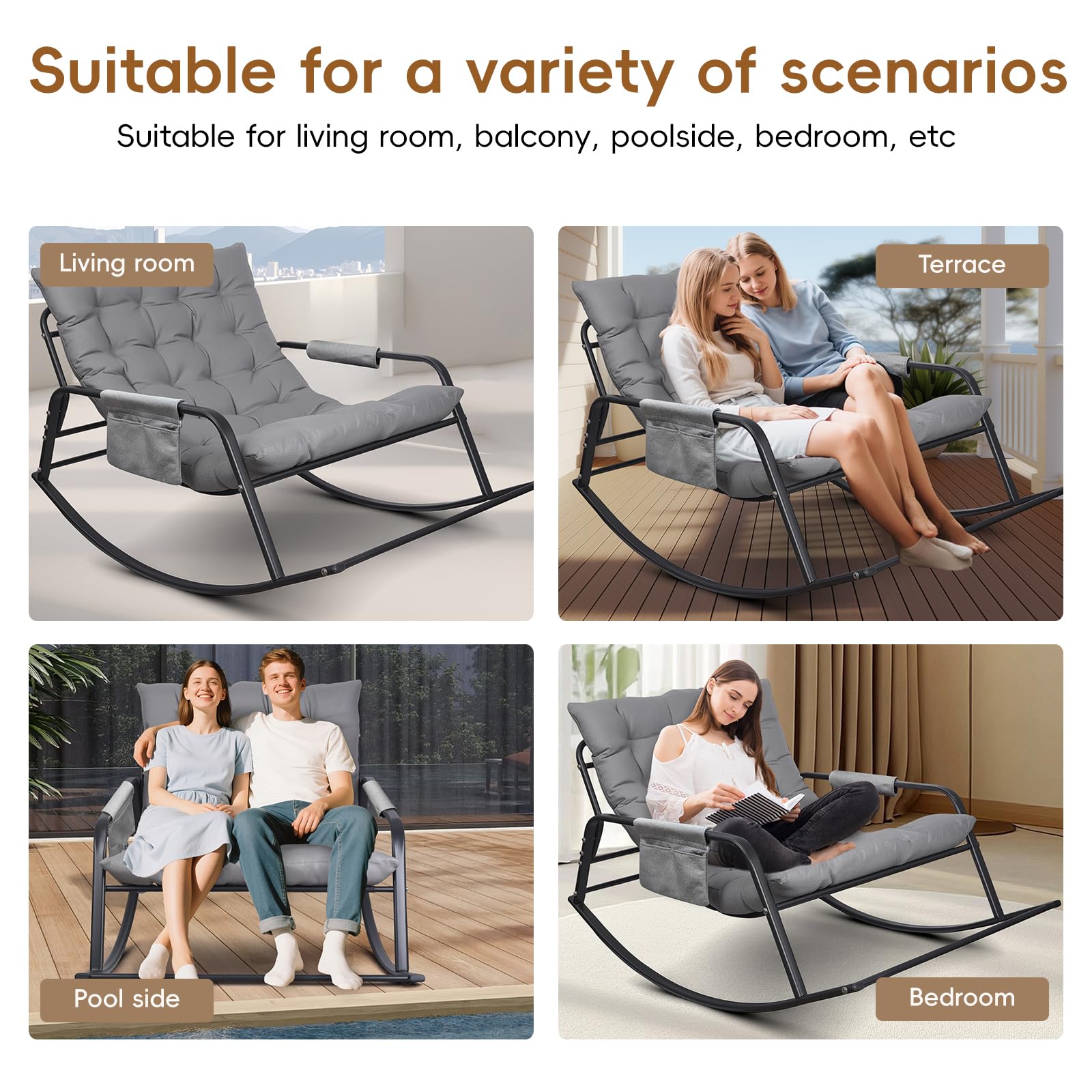 Schaukelstuhl für drinnen, draußen ergonomischer Schaukelsessel, Wohnzimmer Relaxstuhl mit gepolsterter, bis 300kg belastbar für Garten, Schlafzimmer, Wohnzimmer, Ecke, Veranda (Grau)