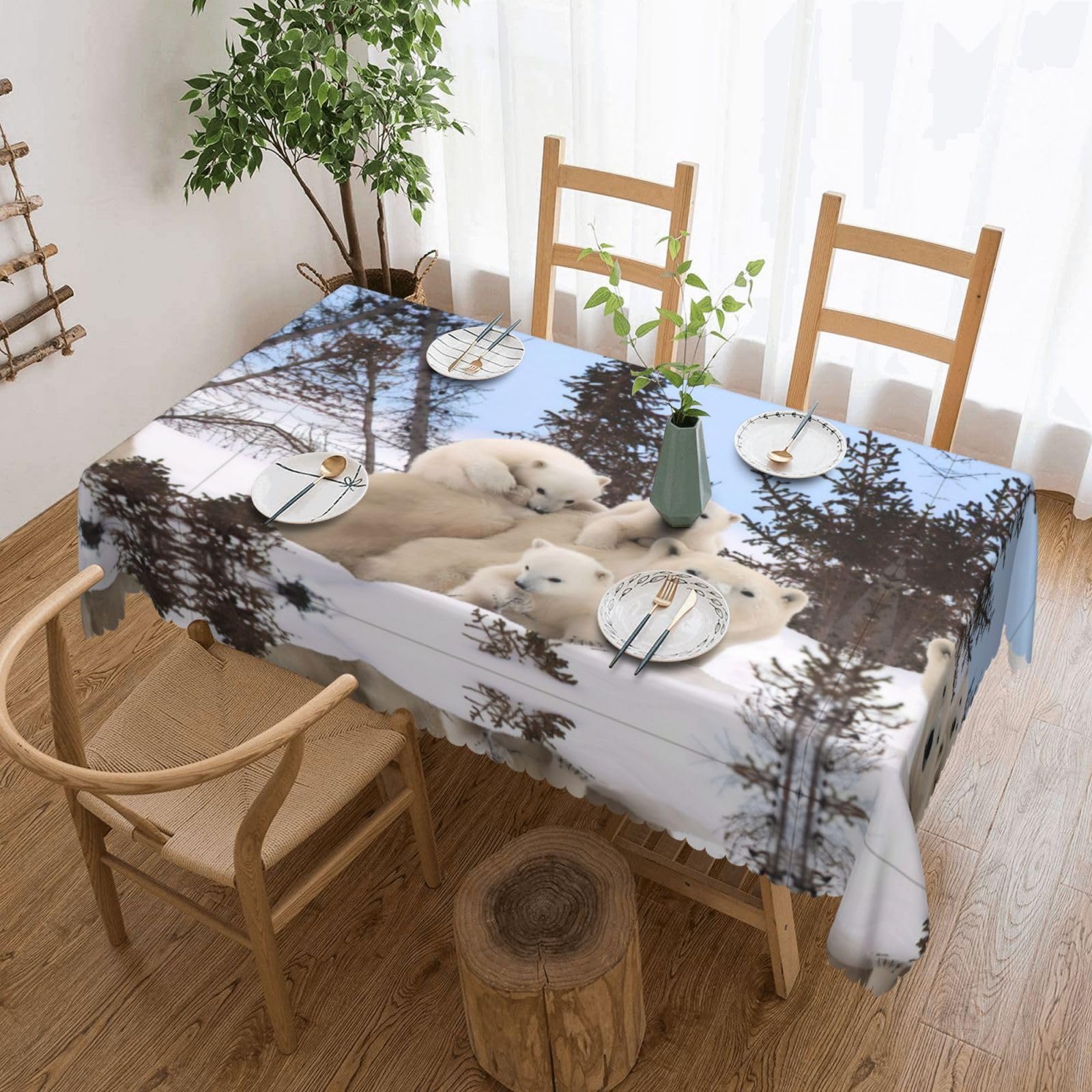 QAZWZML Polar Bear Printed tablecloth, made of thick polyester with lace trim, suitable for dining rooms, picnics, and weddings