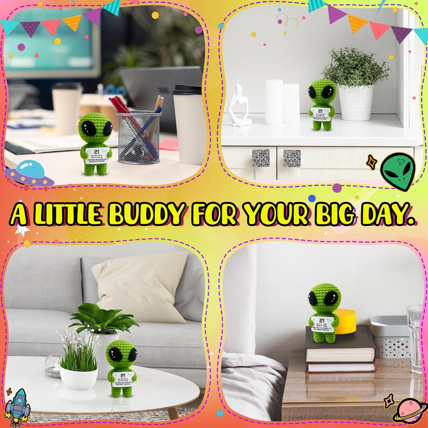 21st Birthday Gifts – Handmade Crochet Alien Plush with Funny Legal Adult Birthday Message Card – Cute 21 Years Old Celebration Gift for Him or Her, Bday Milestone Keepsake - Image 3