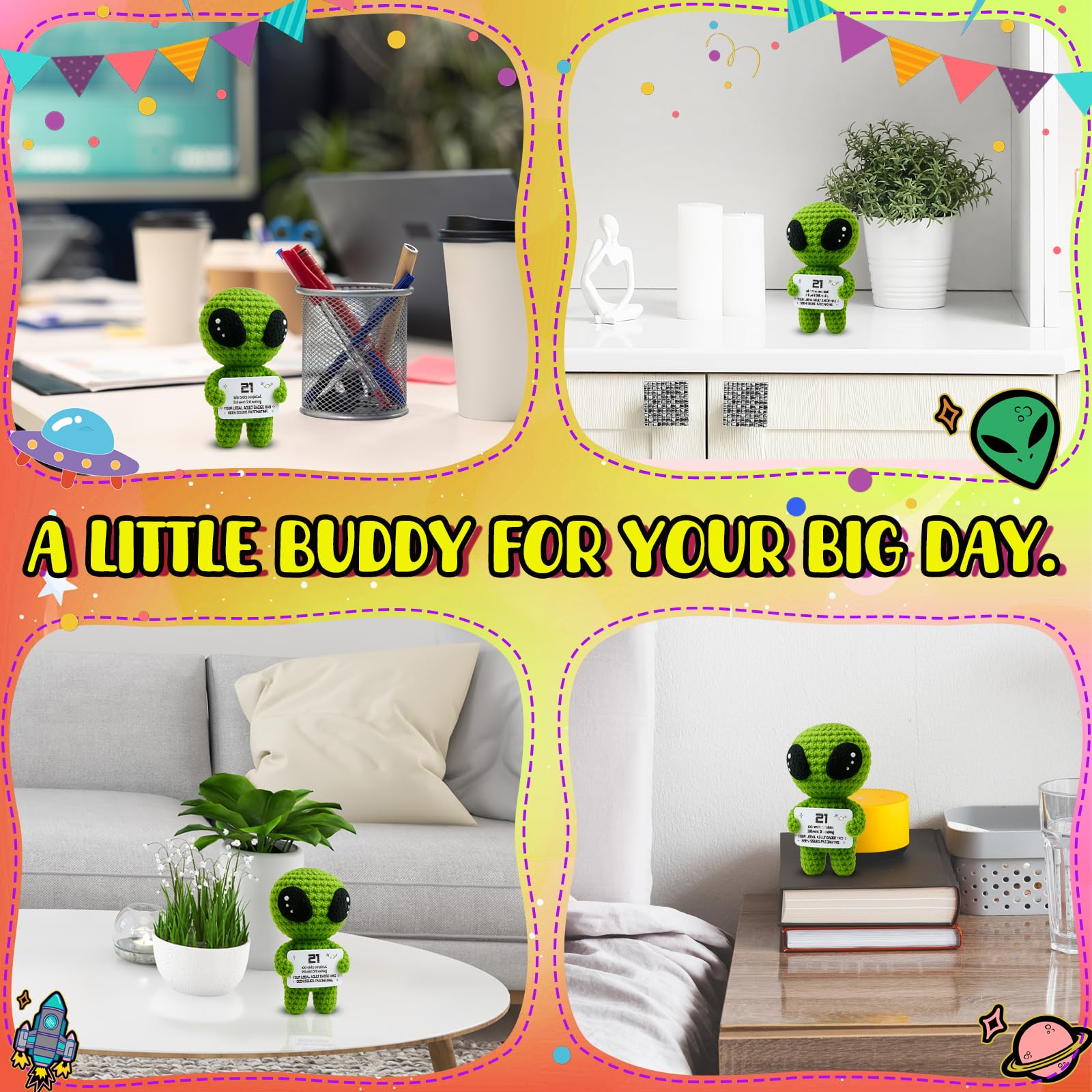 21st Birthday Gifts – Handmade Crochet Alien Plush with Funny Legal Adult Birthday Message Card – Cute 21 Years Old Celebration Gift for Him or Her, Bday Milestone Keepsake
