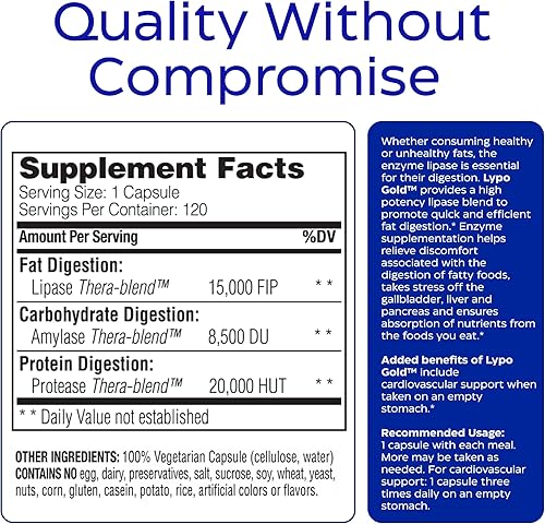 Miniatura 8 de Enzymedica Lypo Gold cantidades concentradas de enzima lipasa para digestión de alimentos grasos 120 cápsulas 120 porciones FFP