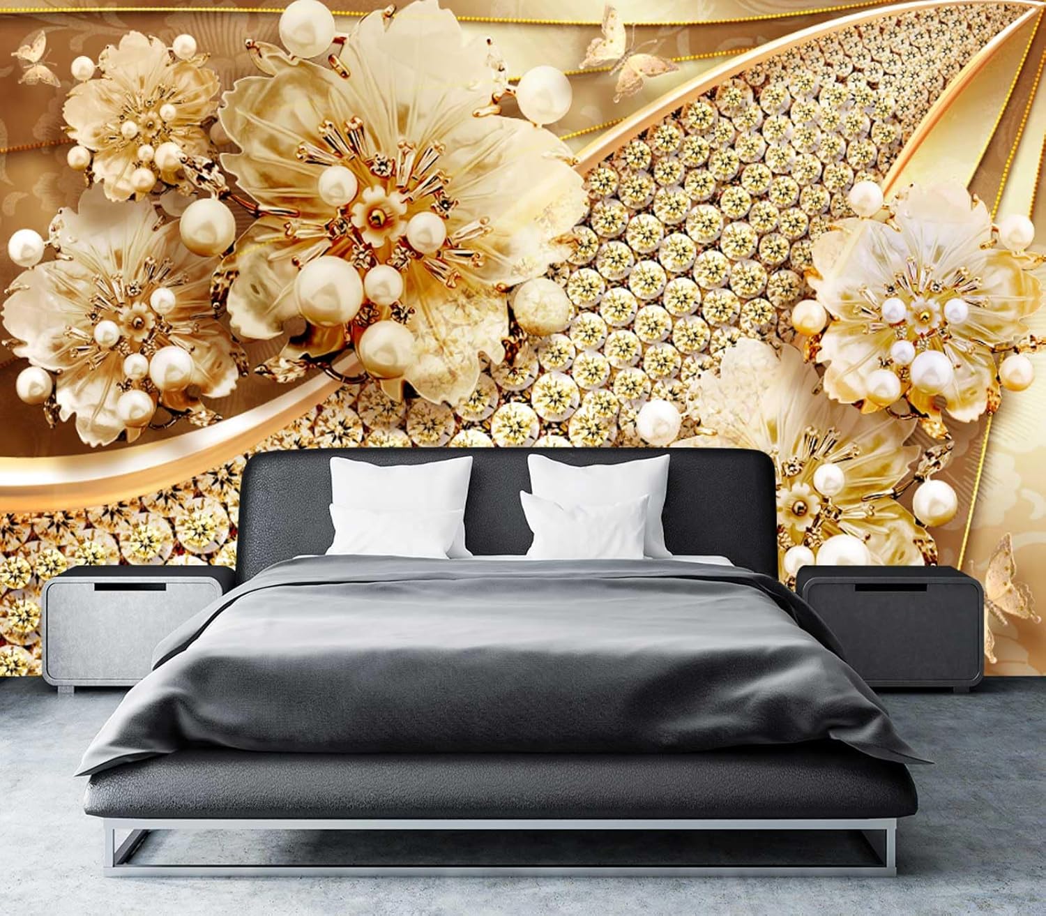 Cliouar-Golden Butterflies and Jewels wall Mural wallpaper-103 x 69"(Not Peel and Stick)