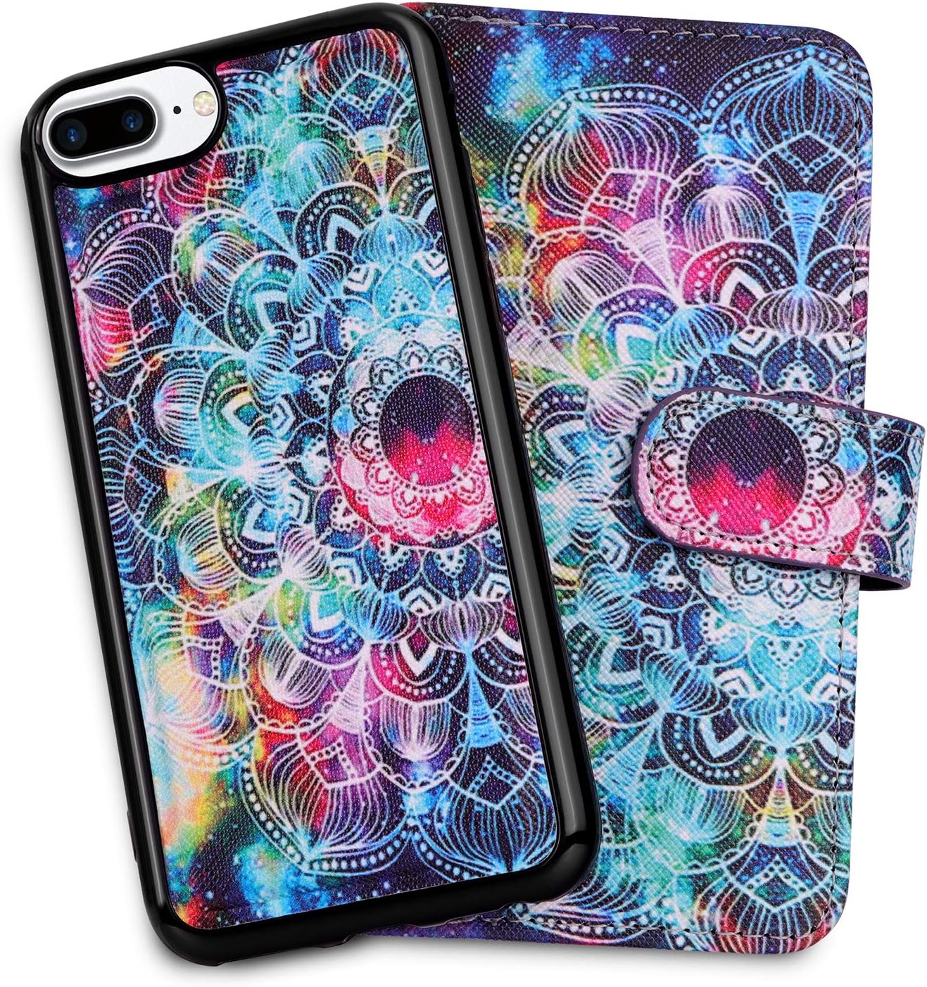 HianDier Case for iPhone 8 Plus Wallet Cases with Card Holder 9 Slots Detachable PU Leather Flip Cover Shockproof Magnetic Clasp Lanyard Dual Layer Case for 7 Plus 8 Plus 6 Plus 6s Plus, Mandala