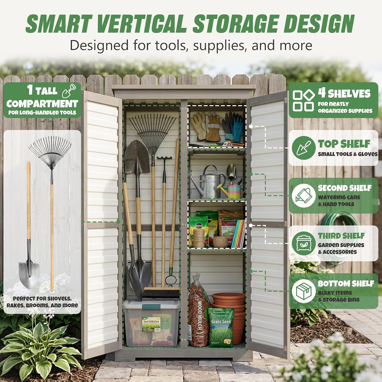 Outdoor Storage Cabinet – Store More in Less Space, Tall Vertical Garden Tool Organizer with 4 Shelves & Long Handle Storage, Weather-Resistant Patio Cabinet for Backyard, Garden, Side Yard