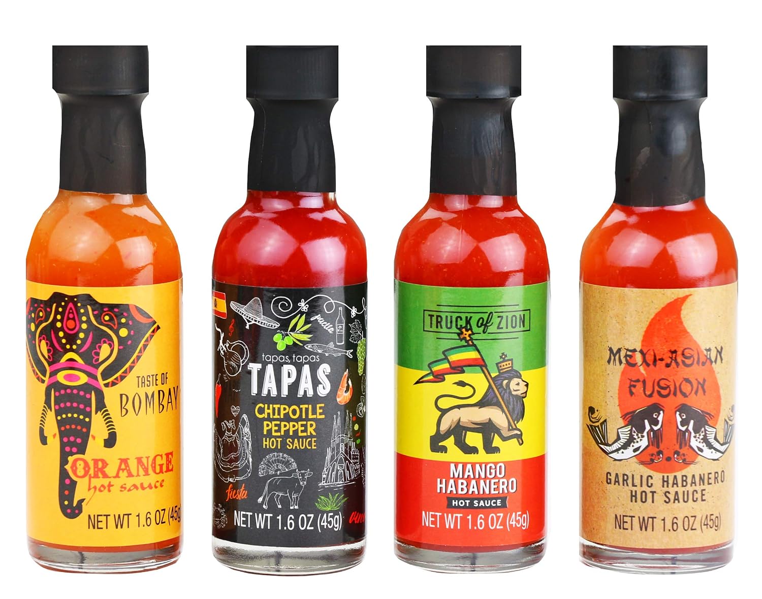 Thoughtfully Gourmet, Hot Sauce Sampler: Globetrotter Edition Gift Set, Includes 4 Unique Hot Sauces: Orange, Chipotle, Mango Habanero and Garlic Habanero Hot Sauce