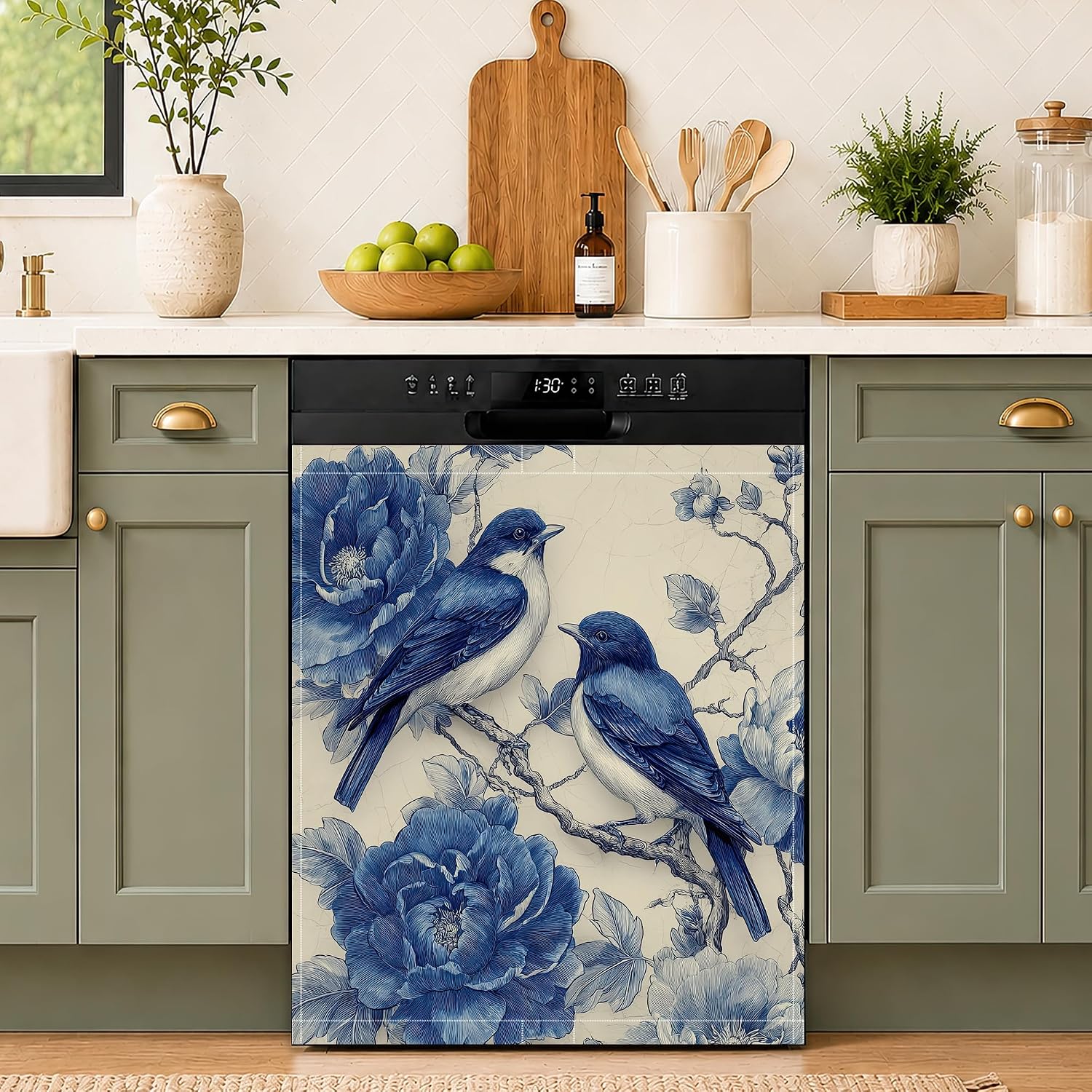 Peony Flower Blue Hummingbird Dishwasher Magnet Cover,Waterproof Appliance Door Cover for Holiday Kitchen Decor,Housewarming Gifts, Refrigerator Magnet Decal Panels 23"x26"