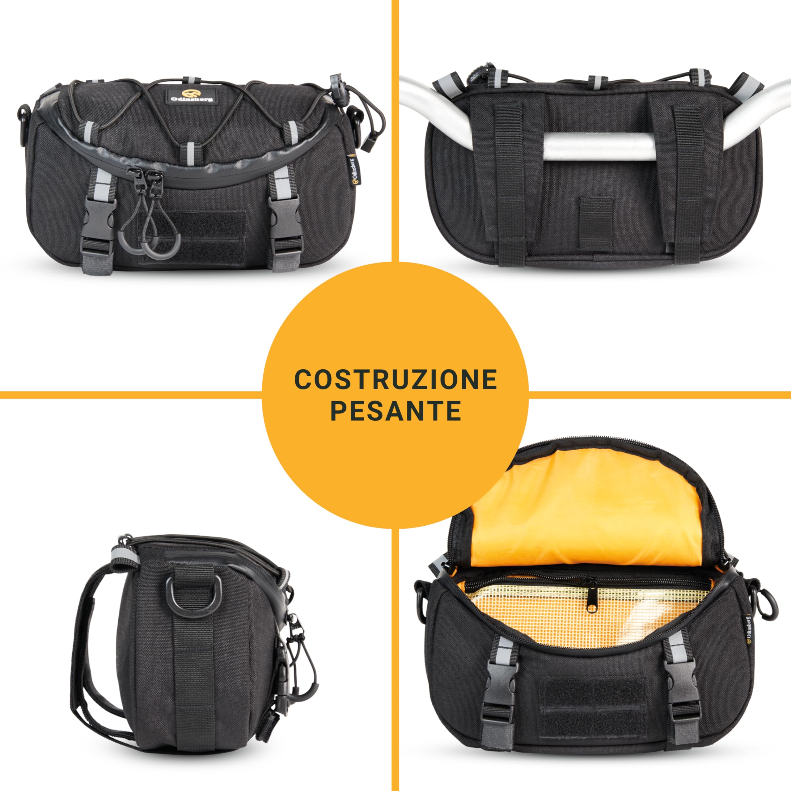 Odinsberg Borsa multifunzione per manubrio di bicicletta e moto, 3 l, impermeabile, compatibile con la maggior parte dei tipi di manubrio, nero