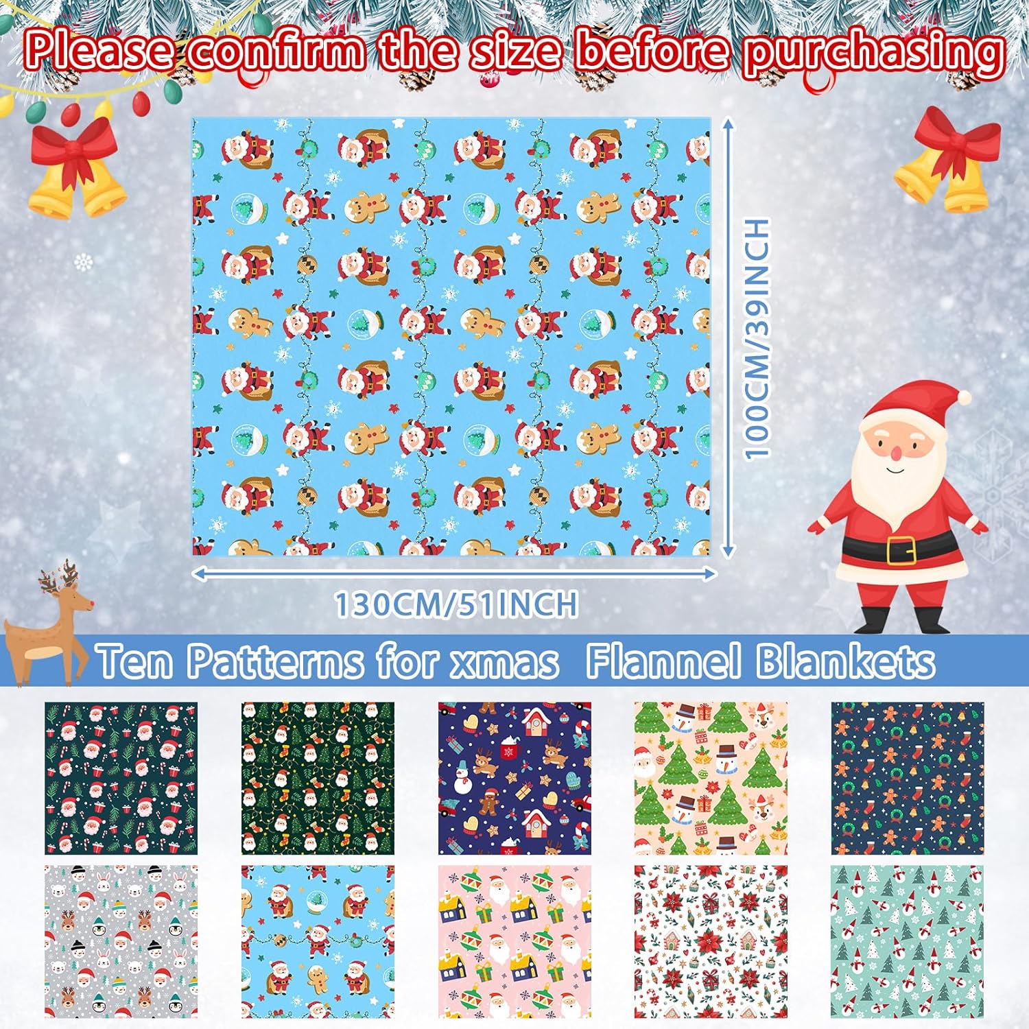 10 Pcs Christmas Throw Blanket, 51" x 39" Plush Fleece Holiday Blankets with Santa, Snowman, Reindeer Patterns for Sofa, Bed, Dorm, Xmas Party, Winter Decor and Gift