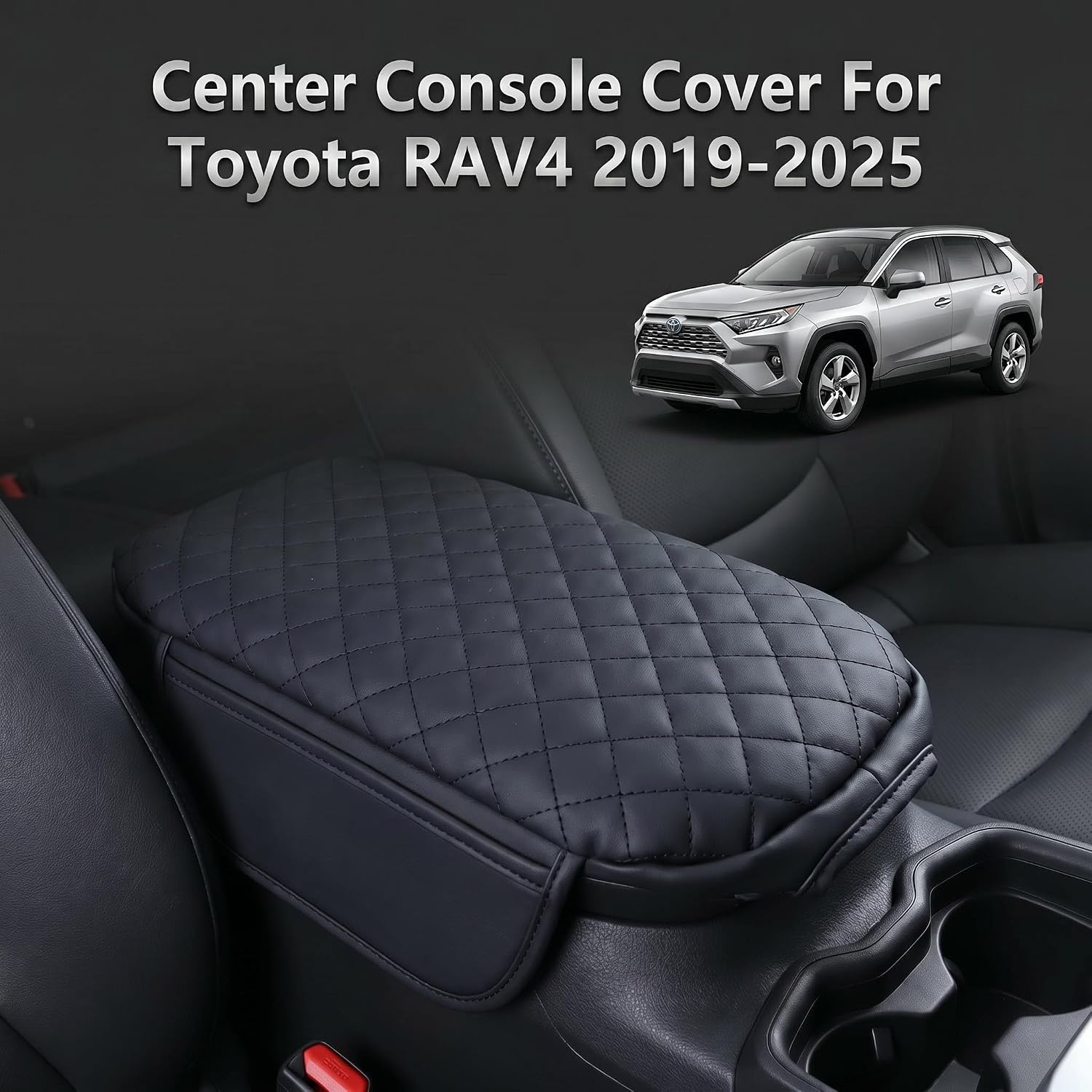 Center Console Cover Compatible with RAV4 2019-2025 Accessories, Leather Armrest Cover with 2 Side Pockets & Thickened Sponge, Waterproof, Anti-Slip, Scratch Car Console Lid Protector, Black