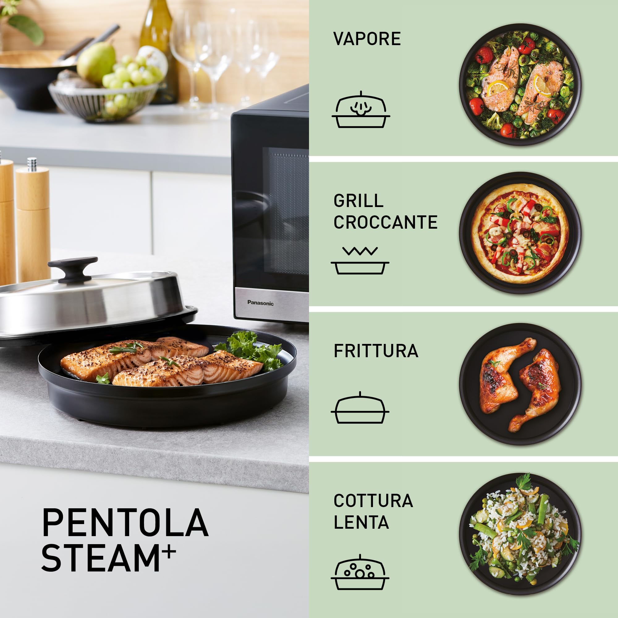 Panasonic NN-GD38QSEPG Forno a Microonde Grill 29L con Teglia Steam+, 1000W, Scongelamento Automatico, Cottura Combinata, Timer, Nero e Acciaio Inox