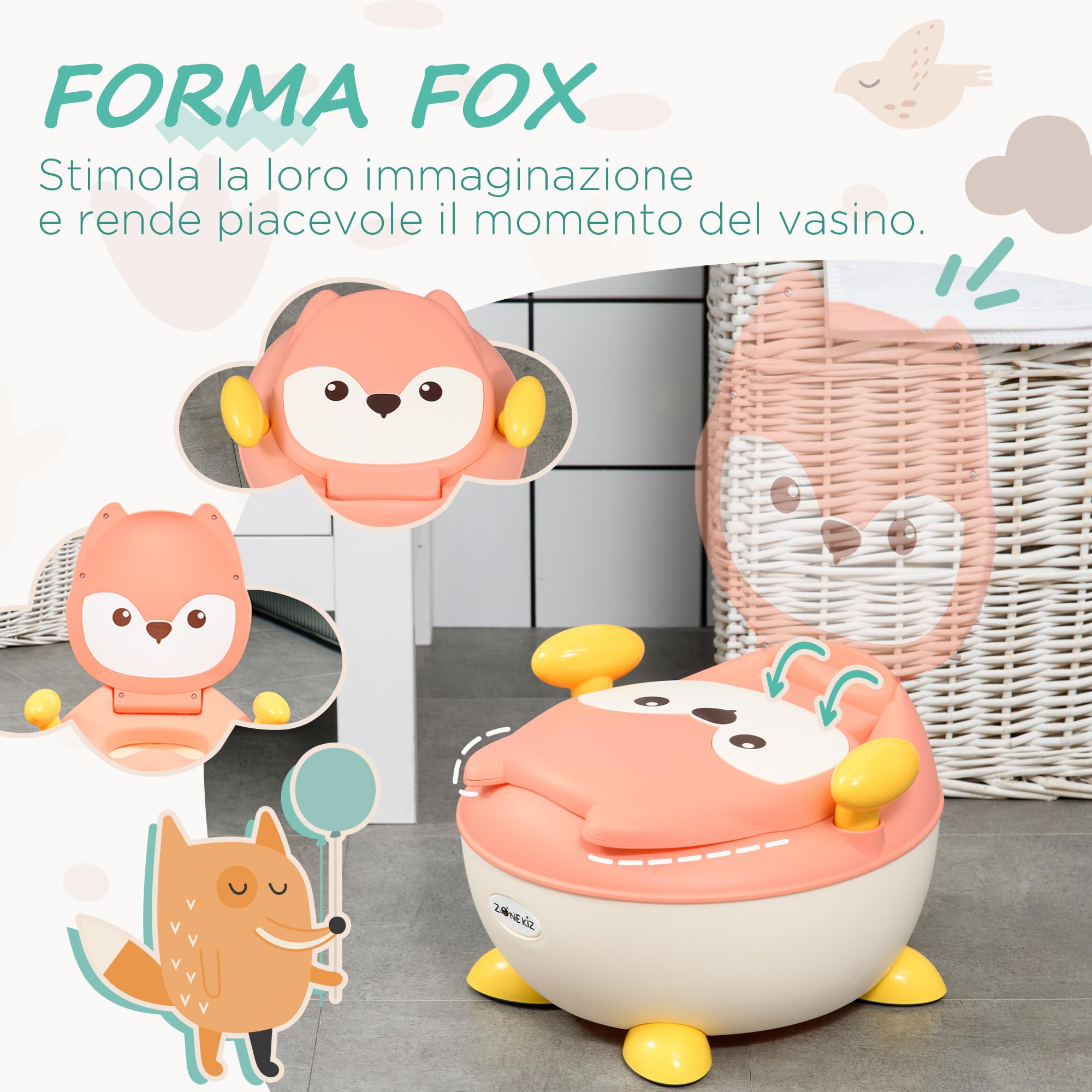 ZONEKIZ Vasino per Bambini con Schienale e Design a Volpe, WC per Bambini con Vaschetta Rimovibile e Braccioli, Età 6 Mesi-3 Anni, Rosa