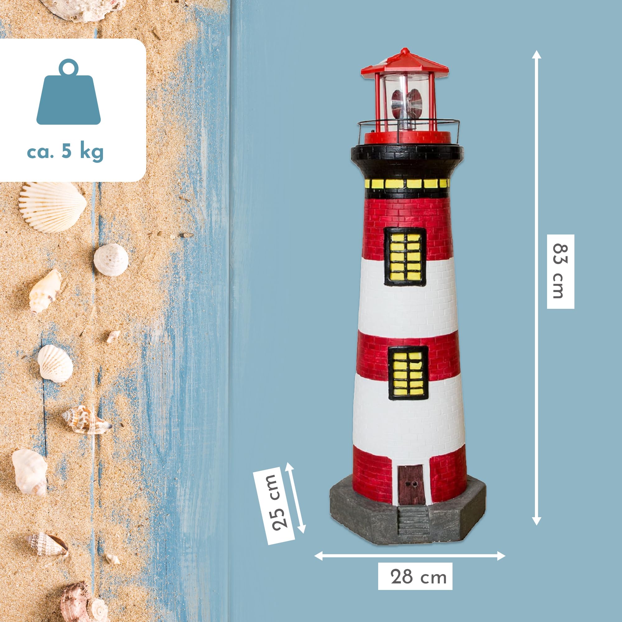 NATIV LEMODO Gartendeko Leuchtturm 83cm hoch | Handbemalte Gartenfigur mit solarbetriebenem, rotierendem Leuchtfeuer | Maritime Außendeko mit LED Beleuchtung
