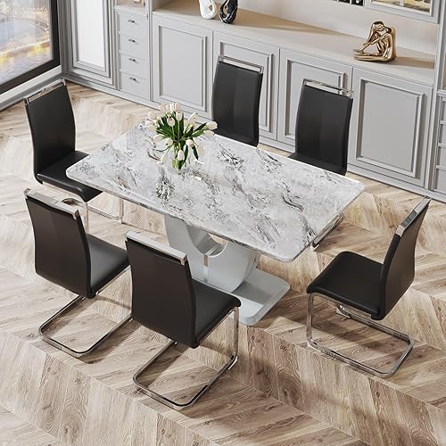 Miniatura 6 de JUFU Moderno juego de mesa de comedor para 6, juego de mesa de cocina rectangular con mesa de mármol sintético y 6 sillas tapizadas de piel
