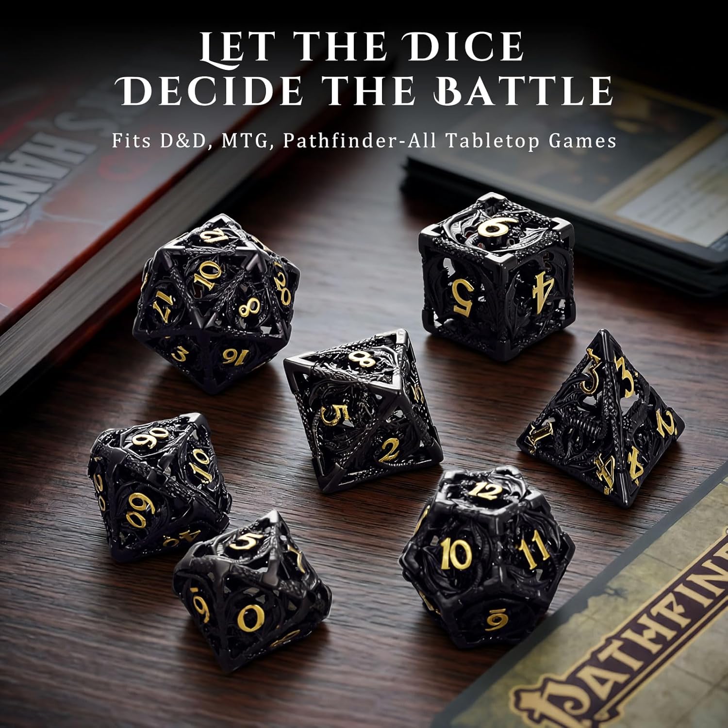 MoKo Dragon Hollow Metal DND Dice Set, 7 Pcs Polyhedral D&D Dragon Hollow Dice for Dungeons and Dragons RPG Games, D20 D12 D10 D8 D6 D4 with Gift Box, Black+Gold