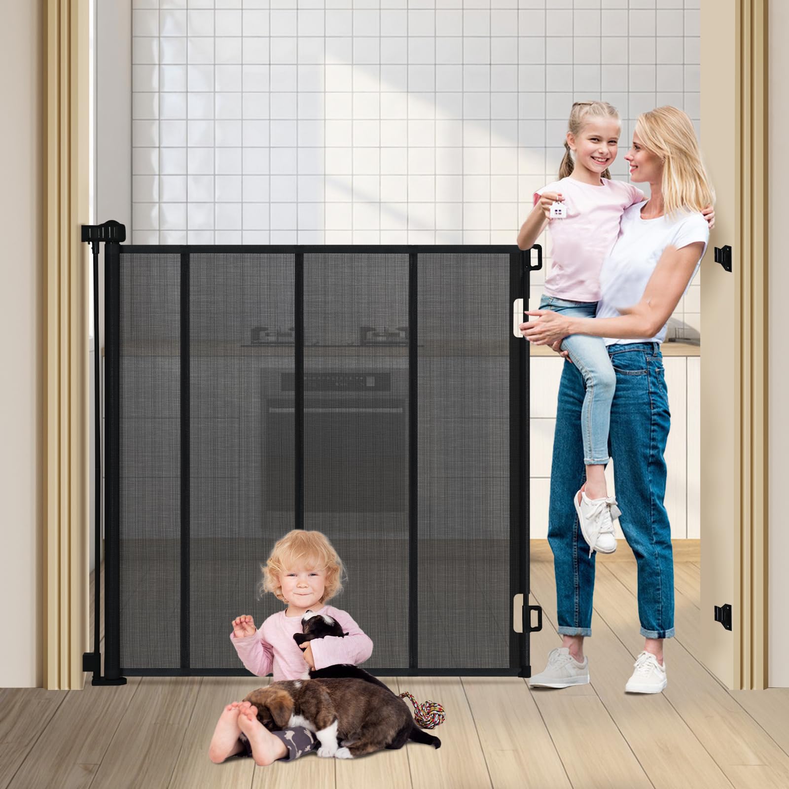 47" Extra Tall Retractable Baby Gates, Extends to 59" Wide, ExtraTall Retractable Safety Gate with Reinforced Strips, Retractable Tall Dog Gate for Doorways Mesh Baby Pet Gates Indoor, Black