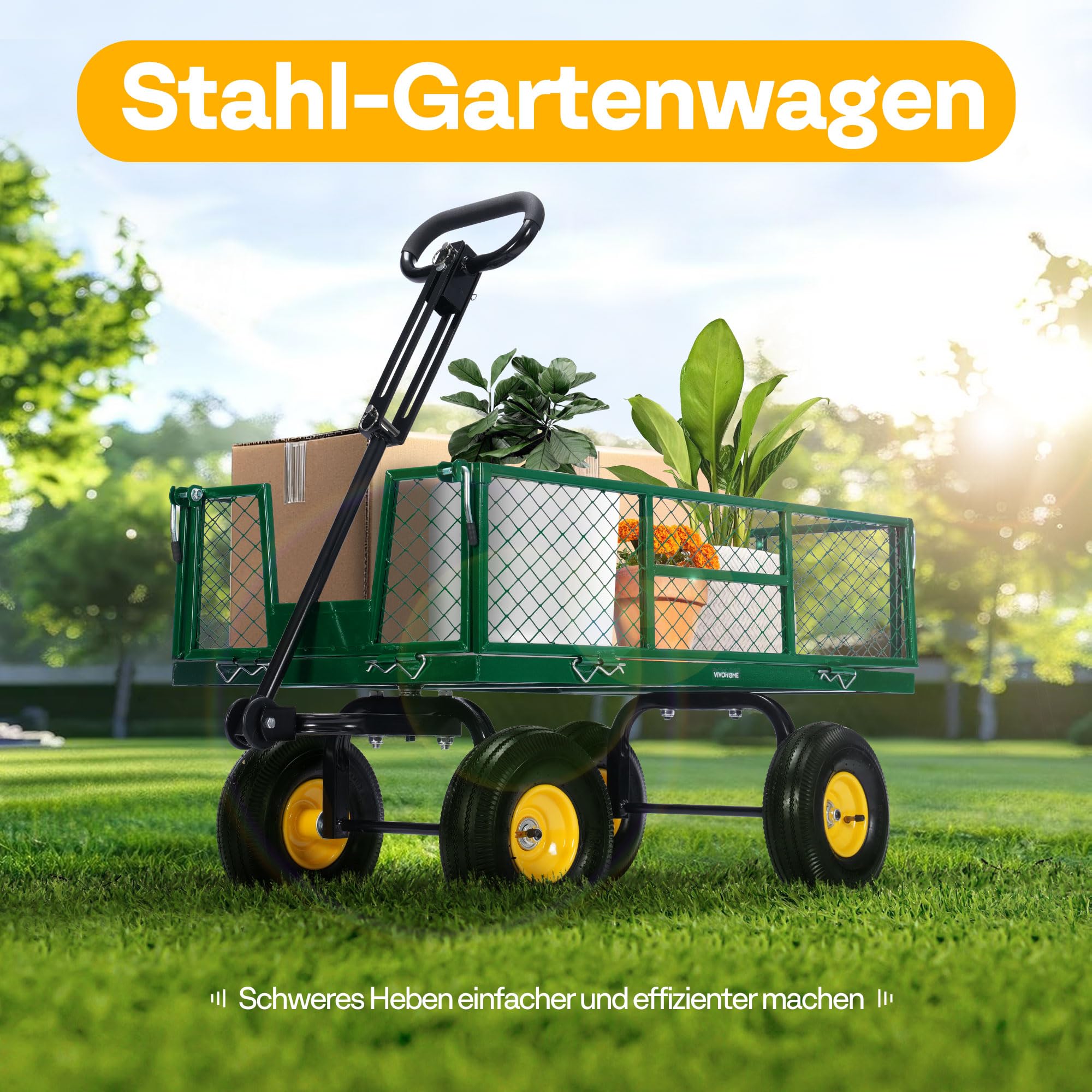 VIVOHOME Gartenwagen Metall Faltbar mit 410kg Tragkraft 25,4cm Luftreifen | Bollerwagen Stabil und Robust mit 180° Drehbarem Griff und Abnehmbaren Seiten für Garten Grün