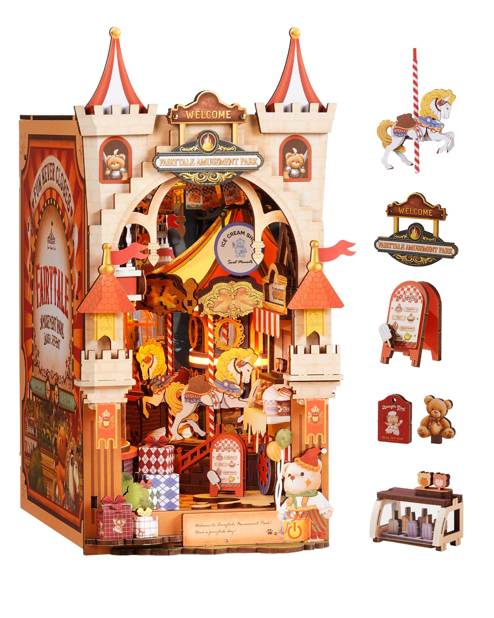 Rolife Book Nook for Adults, Fairytale Amusement Park 3D Puzzle Booknook Diorama with Lights, DIY Miniature House Kit for Desk Bookshelf Decoration, Creative Christmas Birthday Gift