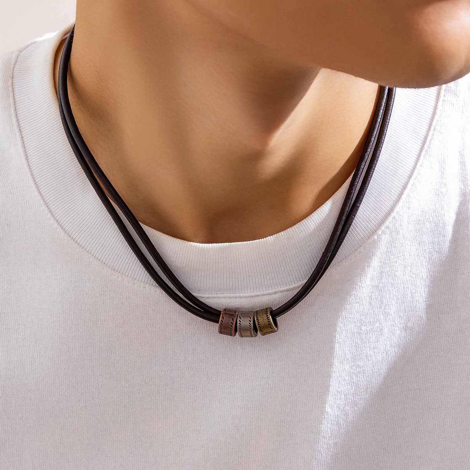 PU Leather Necklace for Men with Pendant, Black Leather Choker Necklace for Men Women, Vintage Boho Style Multilayer Pendant Cord Necklace