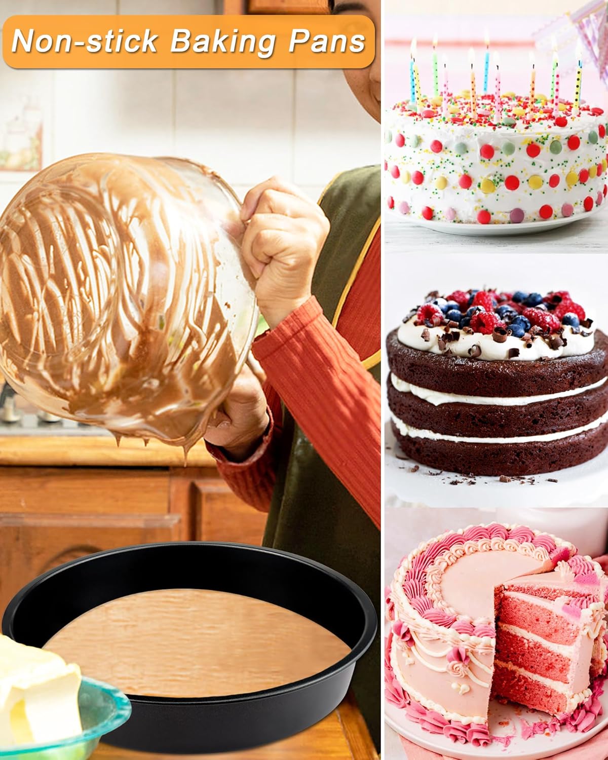 8 Inch Round Cake Pan Set of 3, Non-stick Carbon Steel Baking Pans with 100 Pcs Pre-Cut Parchment Paper, Durable Layer Cake Pans for Birthday/Christmas, Dishwasher Safe​ - Image 6
