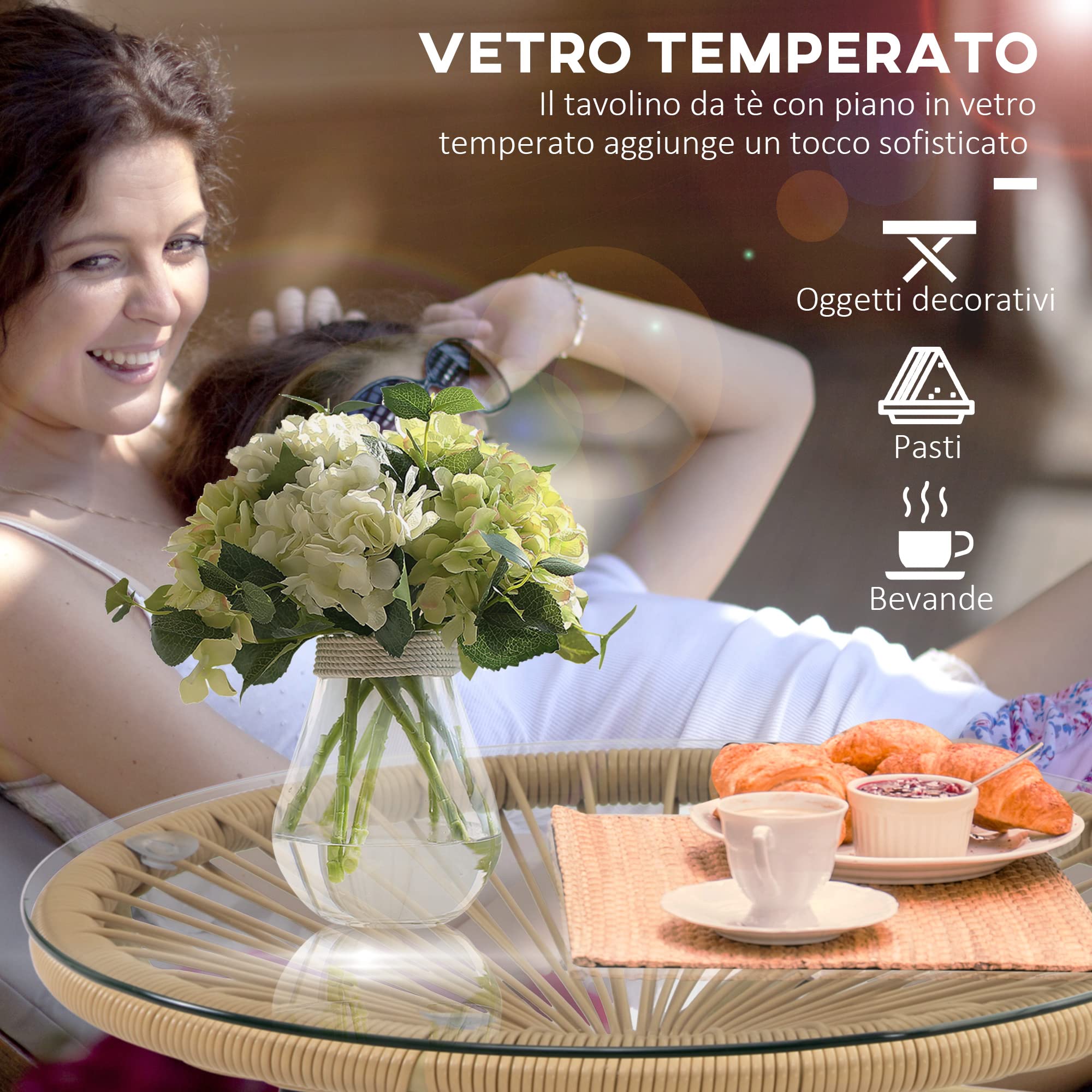 Outsunny Tavolino da Giardino in Rattan PE e Vetro, Tavolino da Caffè Rotondo Stile Boho Chic per Balcone e Terrazza, Ø50x50cm, Beige