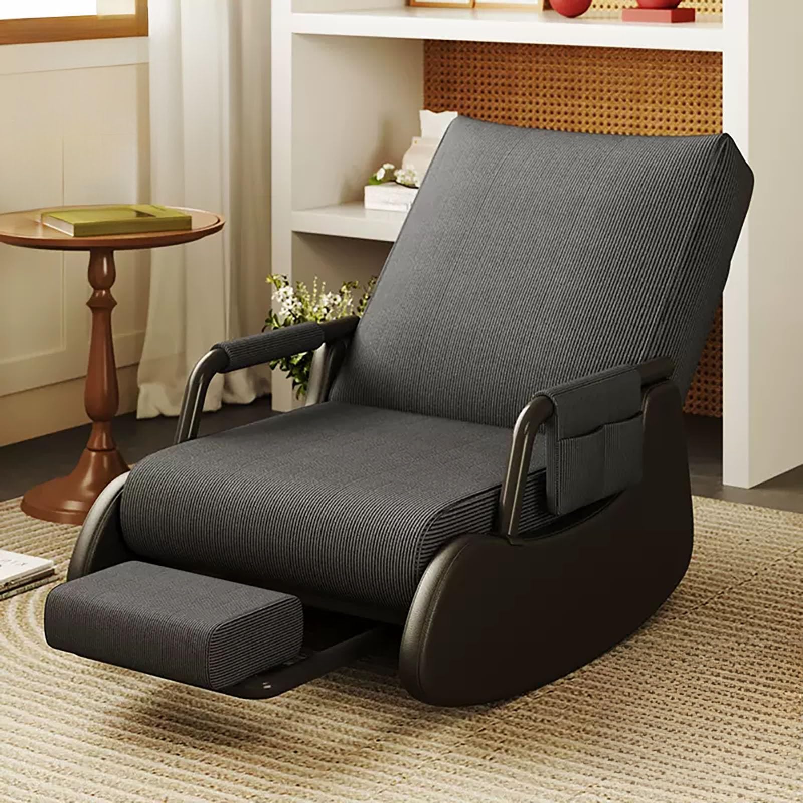Schaukelstuhl, zusammenklappbar, mit Fußstütze, einziehbar, Liegestuhl mit Seitentaschen, Sessel mit verstellbarer Rückenlehne, bequemer Relaxstuhl, weich (grau, Einheitsgröße)