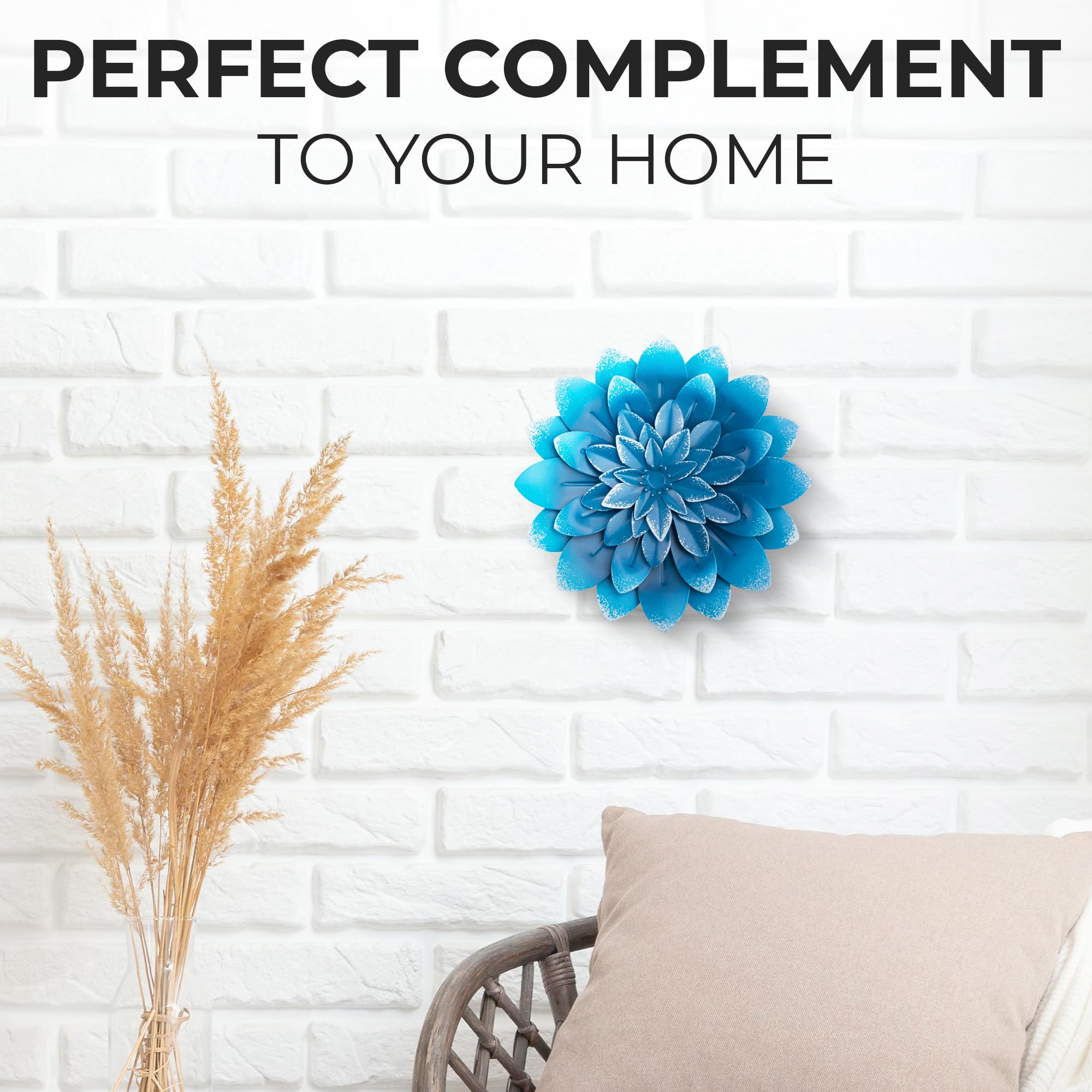 Decoración de pared de flores de metal suculentas, azul, pintadas a mano, decoración artística de flores 3D para sala de estar, dormitorio, cocina, baño, decoración floral para uso en 4
