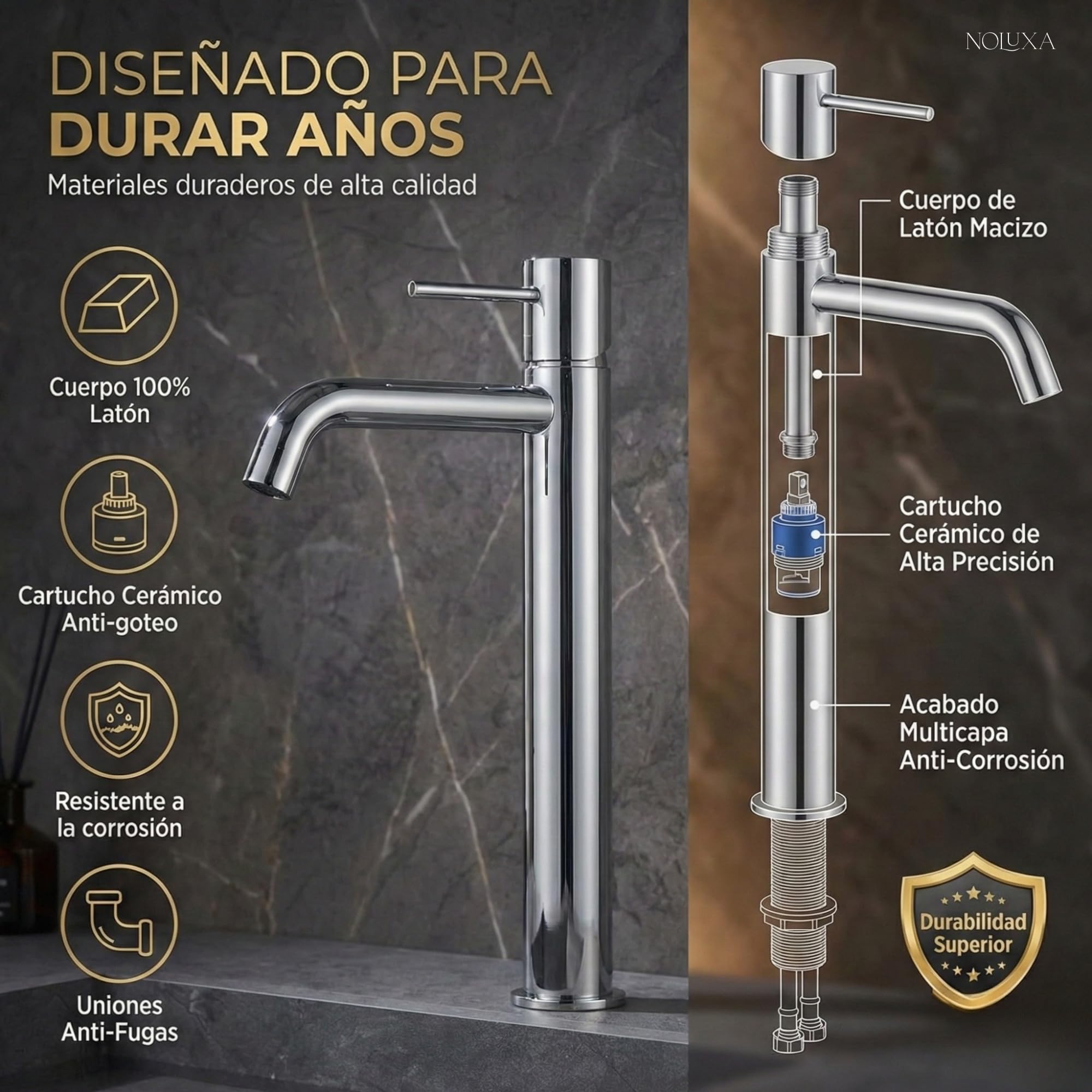 IMEX - Grifo Lavabo Cromado Caño Alto | Grifo Baño Mezclador Agua Fría y Caliente | Grifería Monomando Efecto Cascada con Caño de Latón y Ahorro de Agua | Serie Monza | Color Cromado