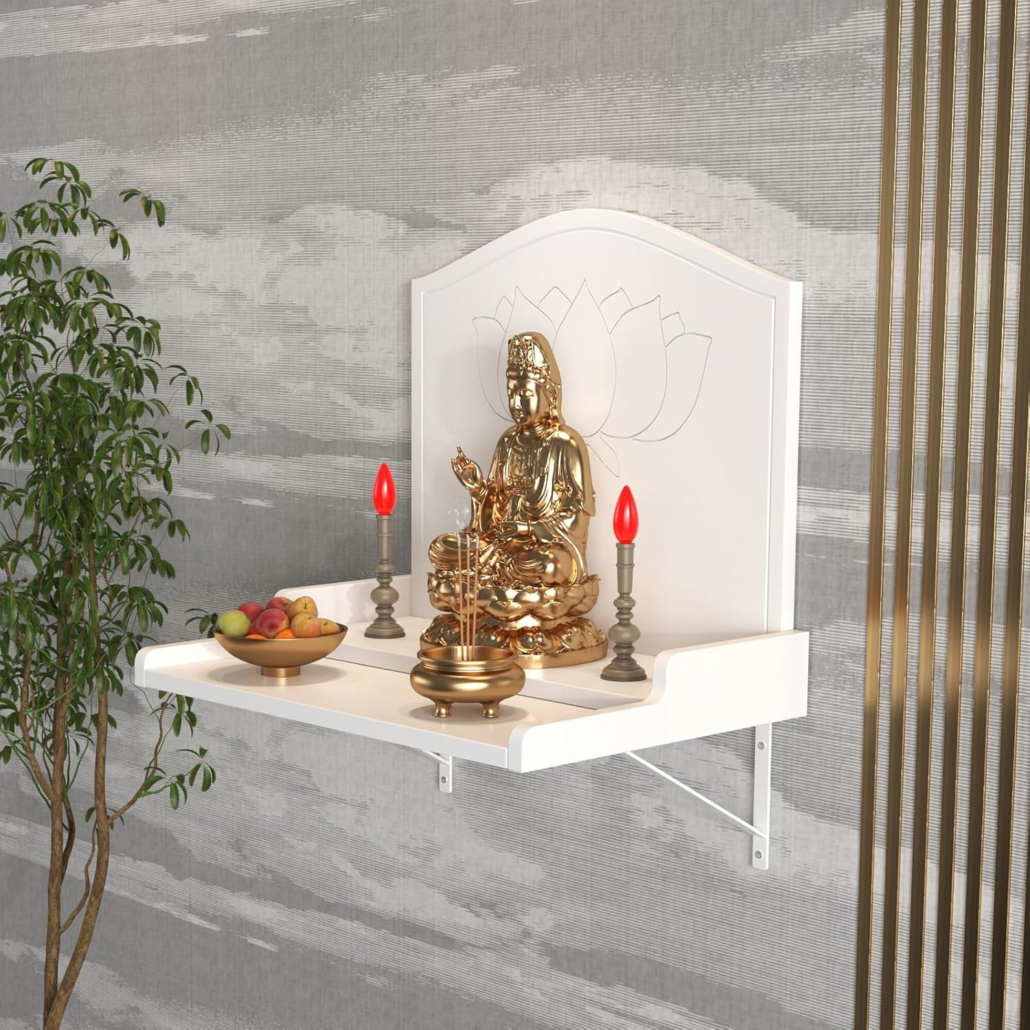 Solid Wood Buddha Altar Shelf Wall Mounted Altar Table with Lotus Carving & Metal Brackets, Buddhist Altar Shrine for Home Meditation & Prayer(White,43x40x42cm/16.9x15.7x16.5in)