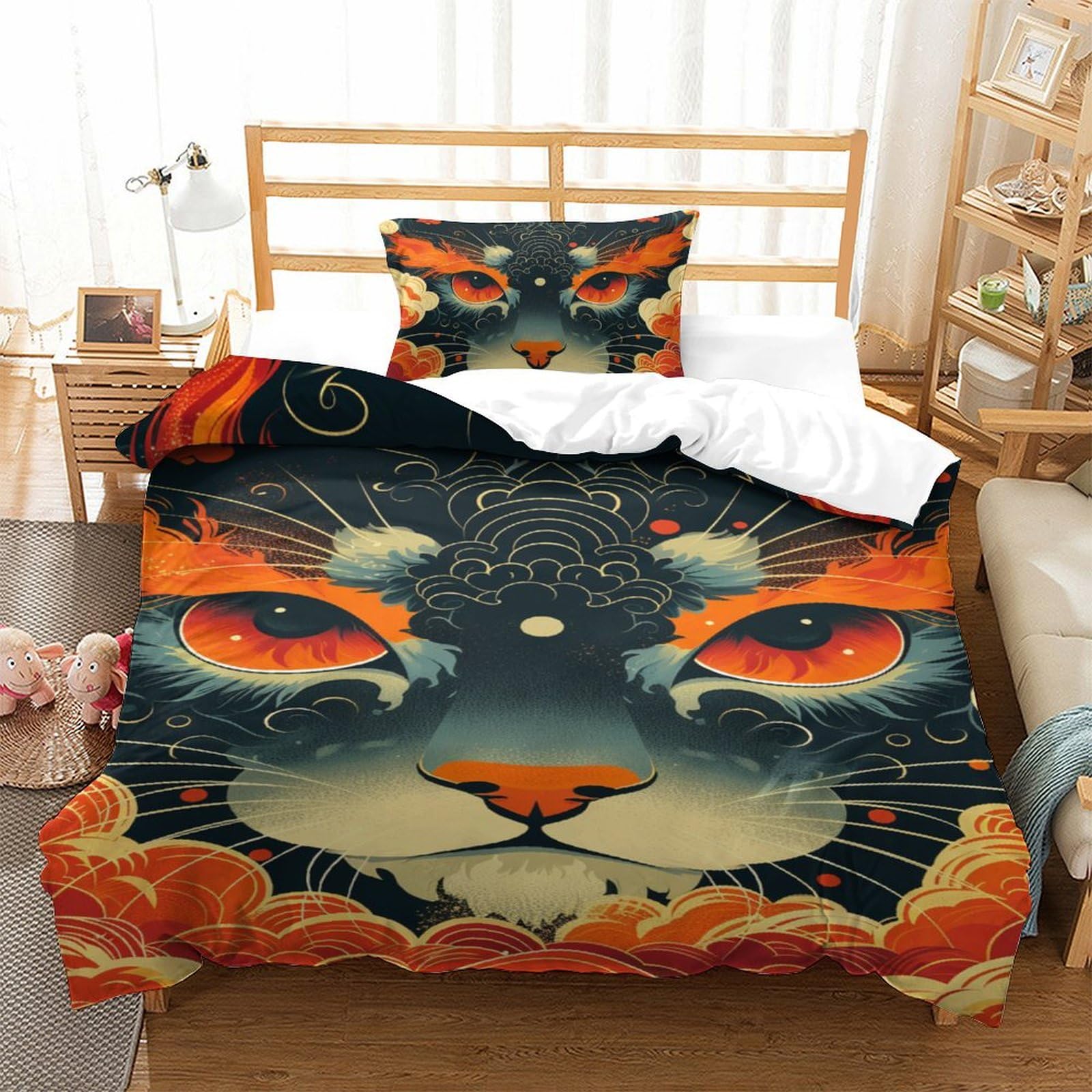 Housse de couette 135x200 chat imprimé 3D avec fermeture éclair