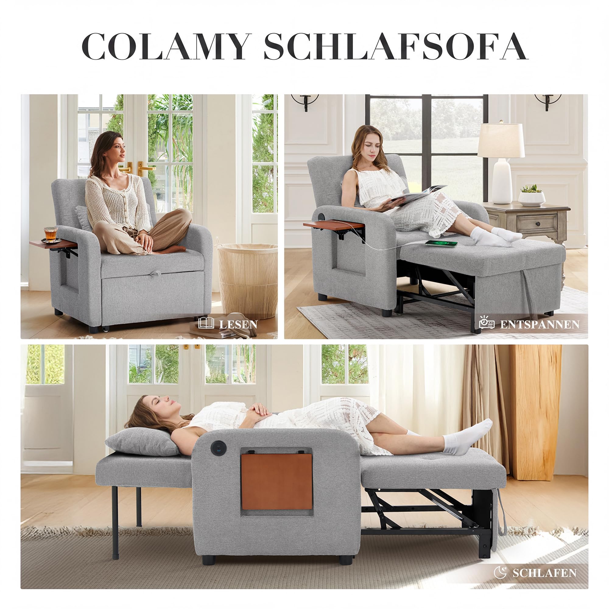 COLAMY Verwandelbarer Schlafsessel Stoff Futon Sofa Bett, Einzel Schlafsofa mit USB Anschluss, klappbarem Tisch, Kissen und Verstellbarer Rückenlehne für Wohnheim, Schlafzimmer, Hellgrau