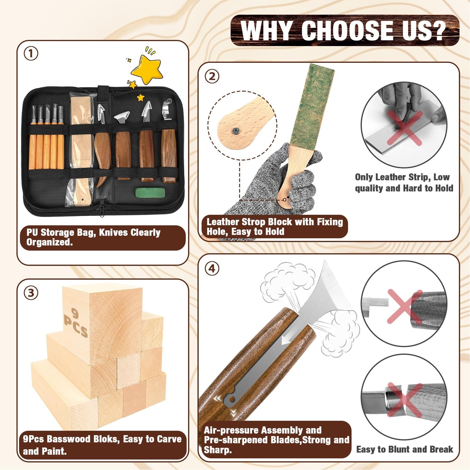 K KERNOWO - Juego de herramientas de carpintería 23 piezas, kit de tallado de madera para amantes del bricolaje principiantes, incluye bloques de madera de tilo, bolsa de almacenamiento de PU