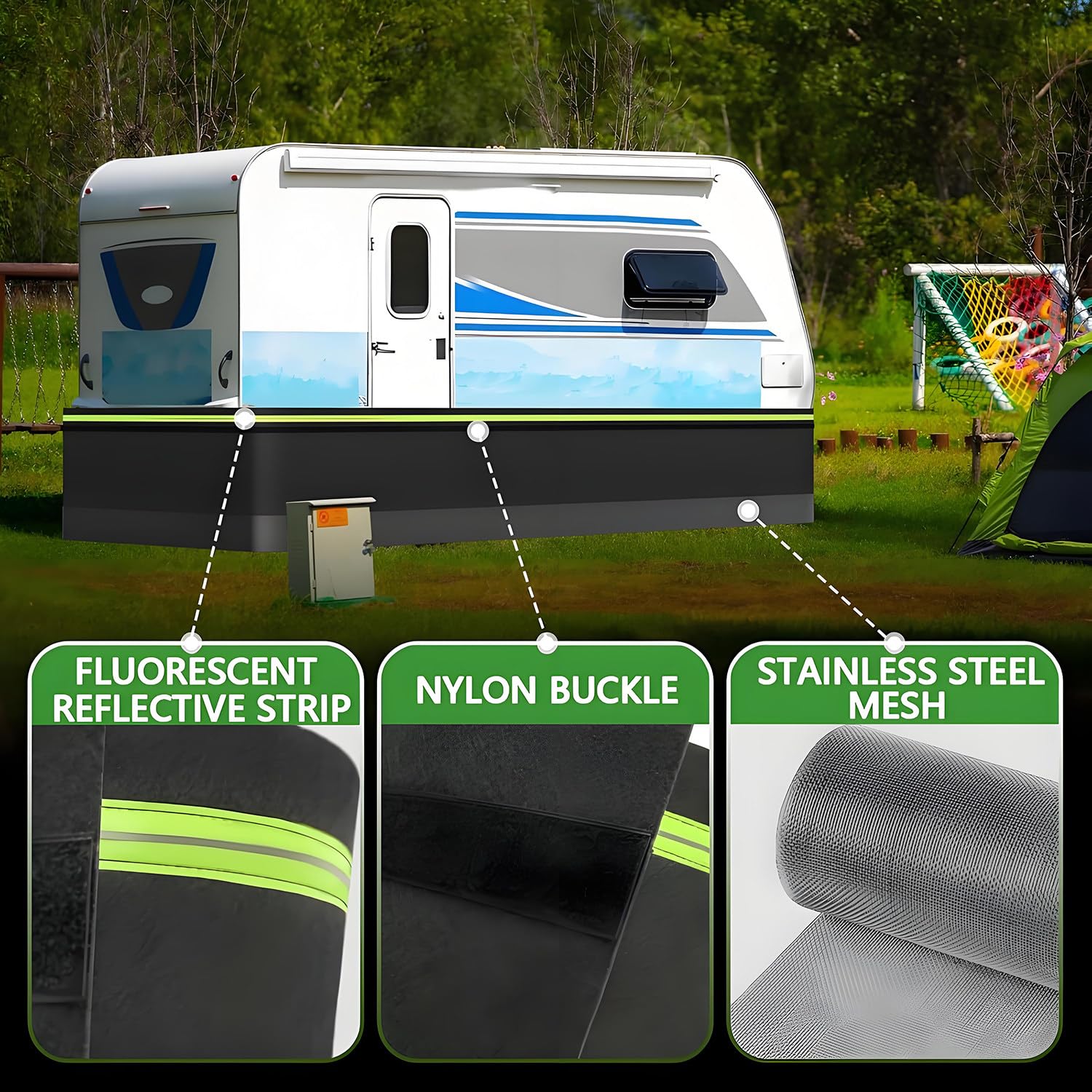 Faldón de rueda de caravana resistente con cierres de y placas de metal para una fácil instalación y protección segura en exteriores y patio