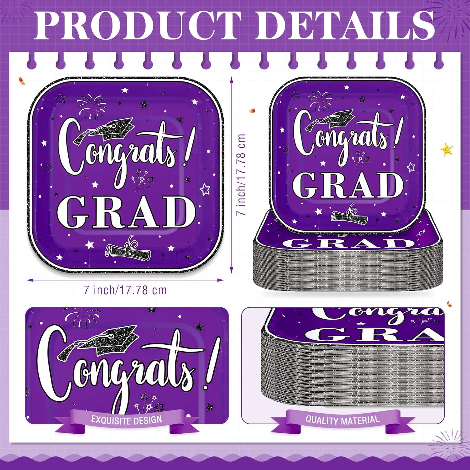 FoldTier 100 Pcs Purple and White 2026 Graduation Party Plates 7 x 7 in Congrats Grad Dessert Paper Plates Class of 2026 Disposable Square Cake Decorative for Graduation Cocktail Party Supplies