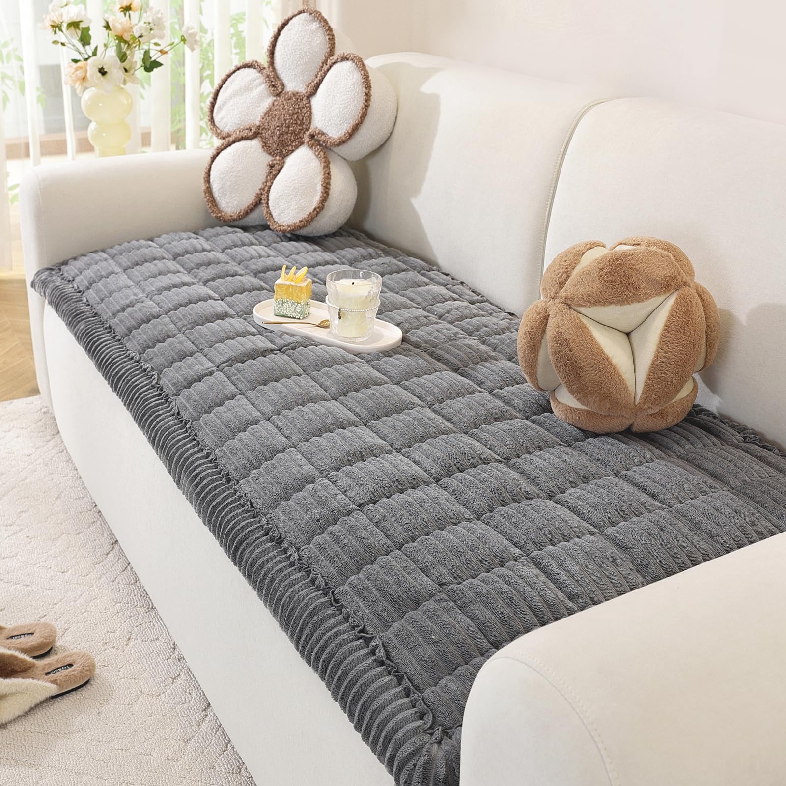 OstepDecor Sofa Covers 2 3 4 Seater, Pet Sofa Cover, Settee Covers, Couch Protectors for Dogs, L-Shaped Corner Couch Cover, Thick Soft Corduroy Fuzzy Pads for Pets and Kids (Dark Grey, 70x220cm) โ image 1