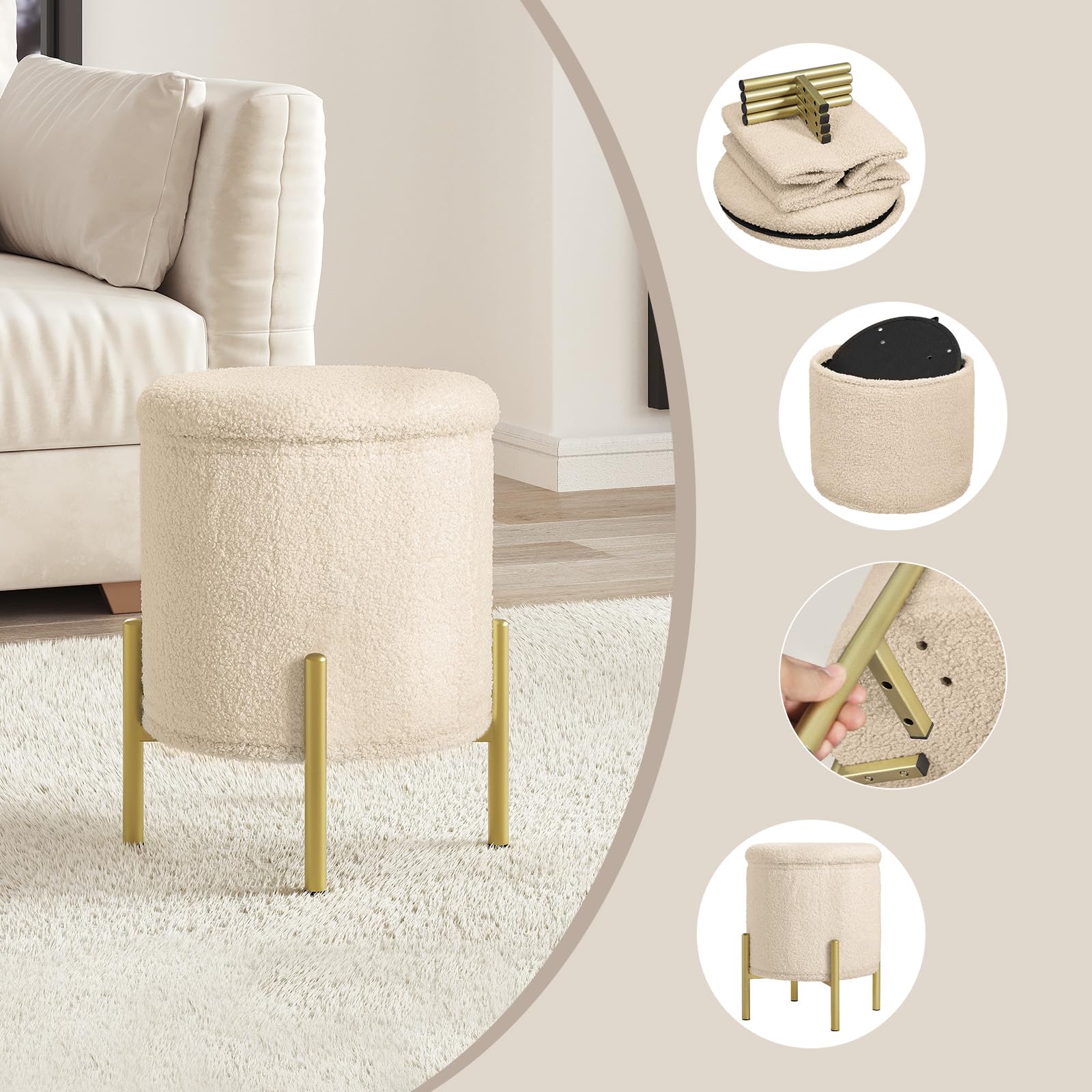 WOLTU Puff Almacenaje, Taburete Plegable, Reposapies de Sofá, Taburete Redondo para Salón y Dormitorio, Baúl de Patas de Metal, Tela Polar Teddy, MDF, φ35x41 cm, Beige | Beige redondo para salón, dormitorio o pasillo con tapa y patas de metal