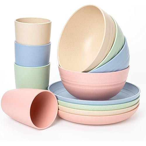 Euodia Wheat Straw Plastic Dinnerware Sets for 4 (Dinner Plates, Bowls & Cups) -Dishwasher & Microwave Safe – Unbreakable Reusable Lightweight Eco Friendly & BPA Free - Kids Toddlers Elderly Adults