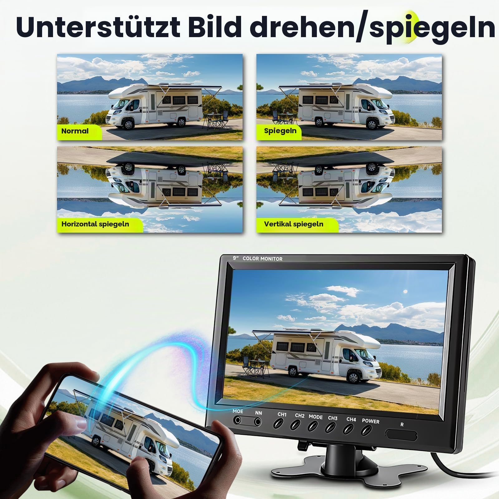 Podofo Vans RV Rückfahrkamera Set, 9 Zoll Monitor 4 Kameras, 4-Geteiltes Display 4-Kanal Video, IP68 wasserdichte Nachtsichtkameras, Frontview Kameras, 12V-24V für LKWs Camping Autos