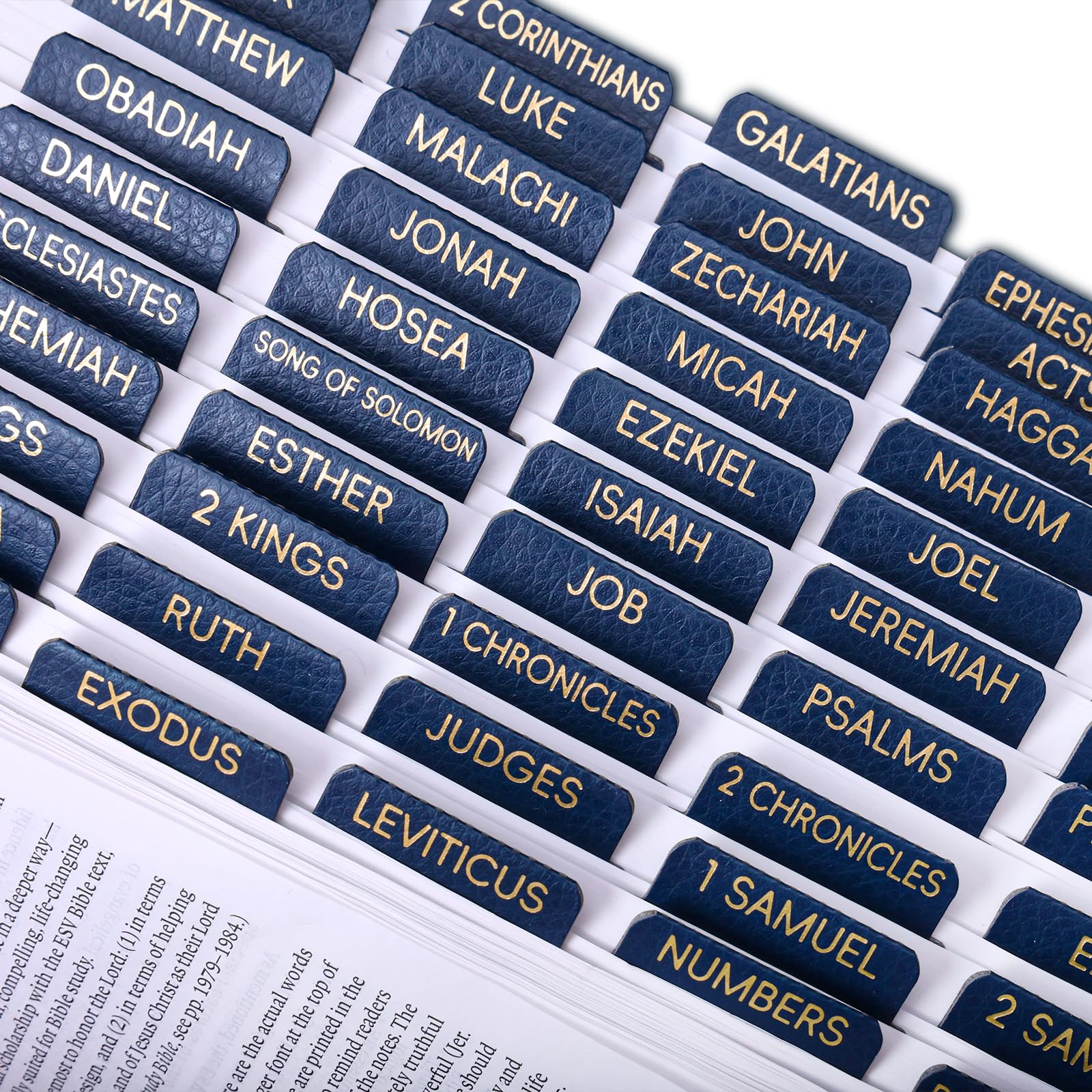 XKDOUS Leather Blue Bible Tabs, Laminated Large Print Gold Foil Bible Tabs for Men Women, 75 Bible Chapter Tabs, Bible Index Tabs, Bible Book Tabs (Sapphire Blue) — image 1