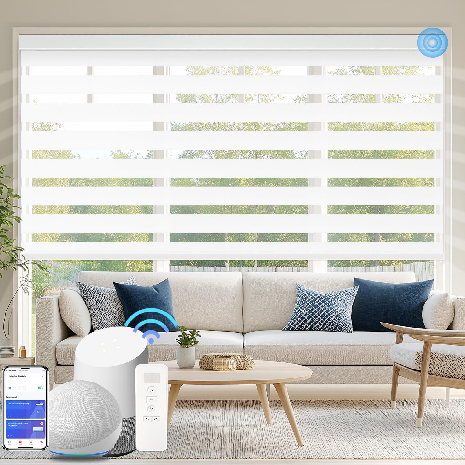Motorized Zebra Blinds Custom Size Smart Dual Layer Shades for Windows with Remote | Assembled in USA | Electric Day and Night Privacy Light Filtering Rechargeable Quiet Motor Window Shades