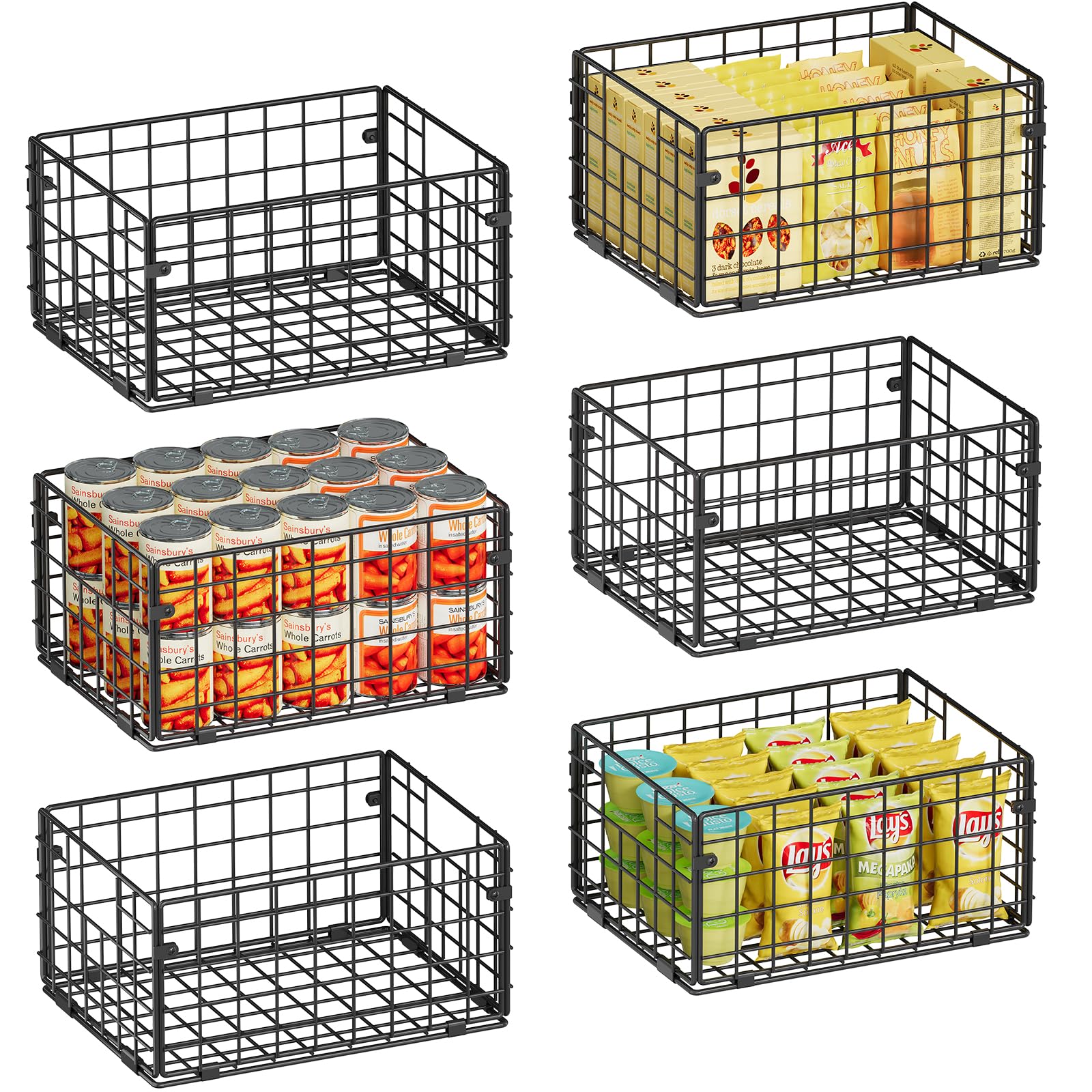 X-cosrack Metal Wire Basket Pantry Baskets Foldable Cabinet Organizers with Handles-6 Pack-12"x9"x6", Food Storage Freezer Organizer Bins for Kitchen Bathroom Laundry Closet Garage - Patent Design