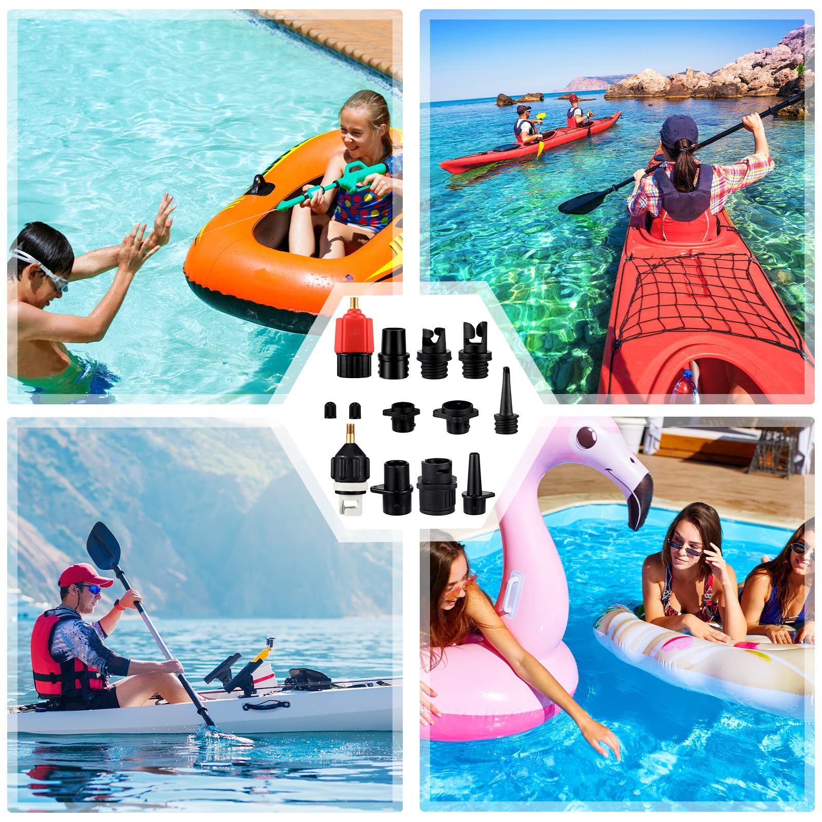 Treela Aufblasbarer Luftpumpenadapter Kompatibel mit SUP Aufblasbarer Auto Luftkompressor Ventiladapter mit 9 Ventildüse für Paddle Board Boot