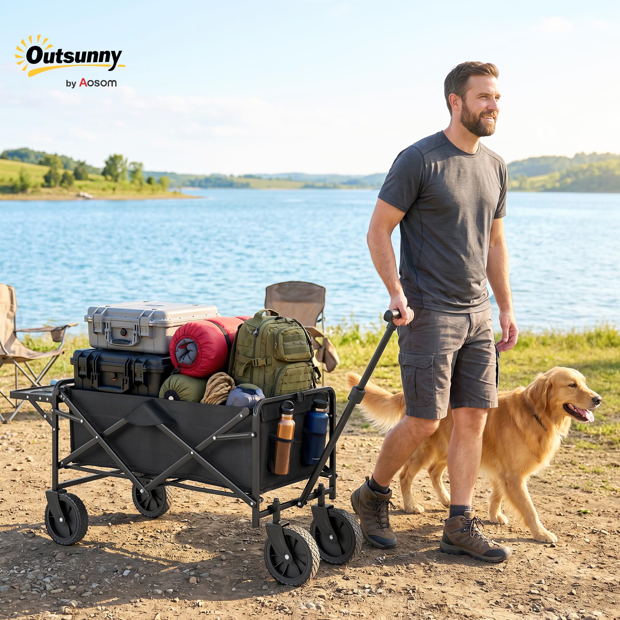Outsunny Chariot de Transport Pliable, Chariot de Plage 4 Roues Dont 2 Roues Universelles, 140L 100 kg, Poignée Télescopique Inclinaison Réglable Plateau Pliable, pour Plage, Camping, Jardin, Noir